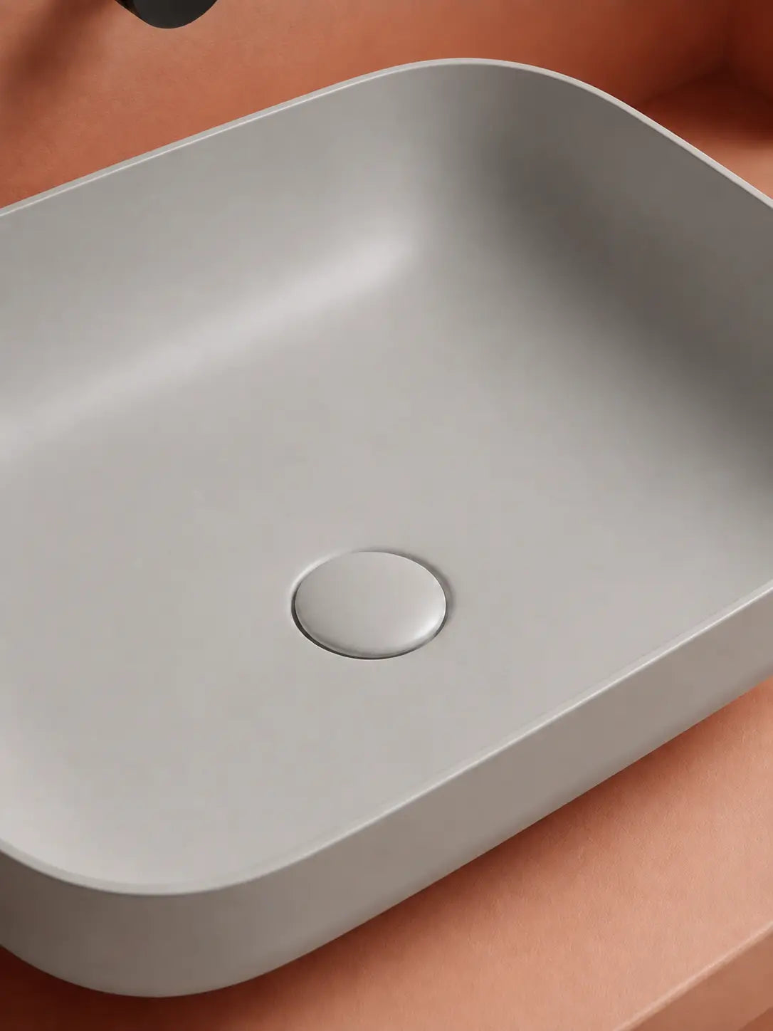 BBBIDET 2679 Matte Gray rounded rectangle countertop basin - ceramic drain cover detail