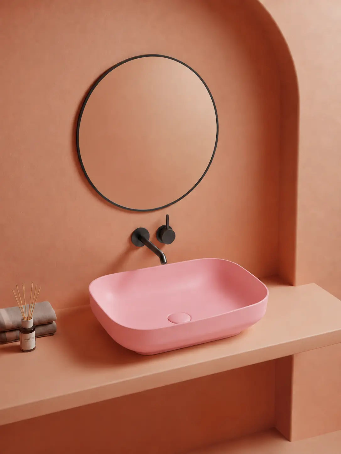 BBBIDET 2679 Matte Pink rounded rectangle countertop basin - main bathroom scene