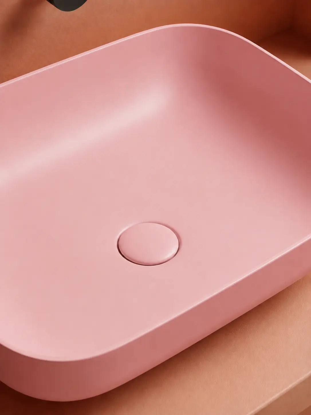 BBBIDET 2679 Matte Pink rounded rectangle countertop basin - ceramic drain cover detail