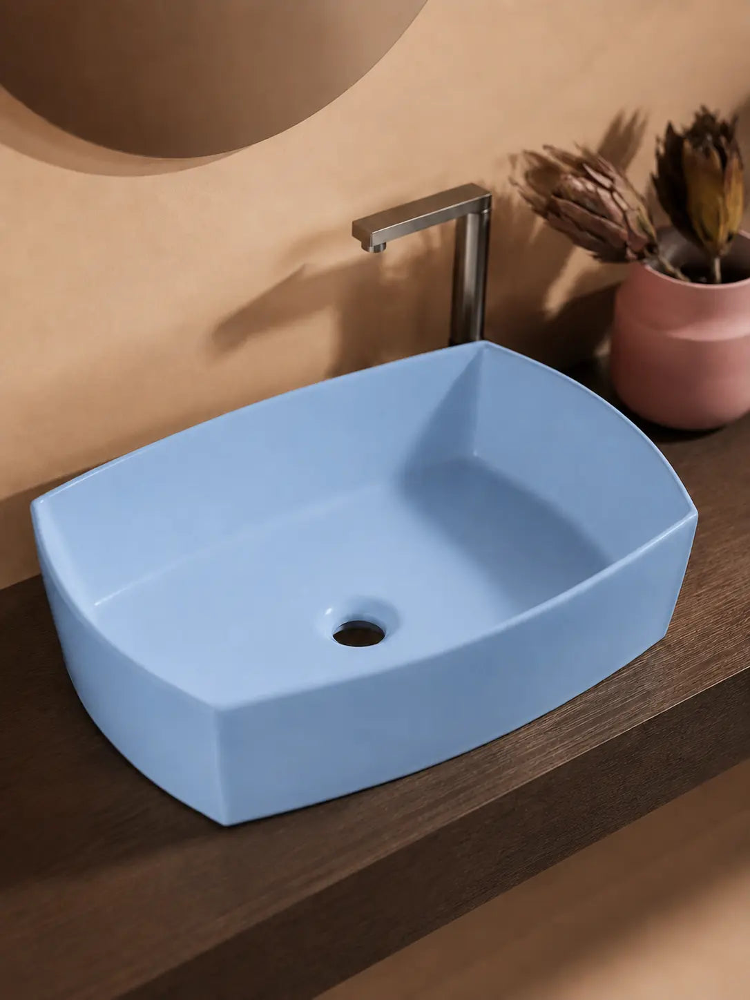 BBbidet 2690 Matte Blue 550mm countertop basin – open drain detail