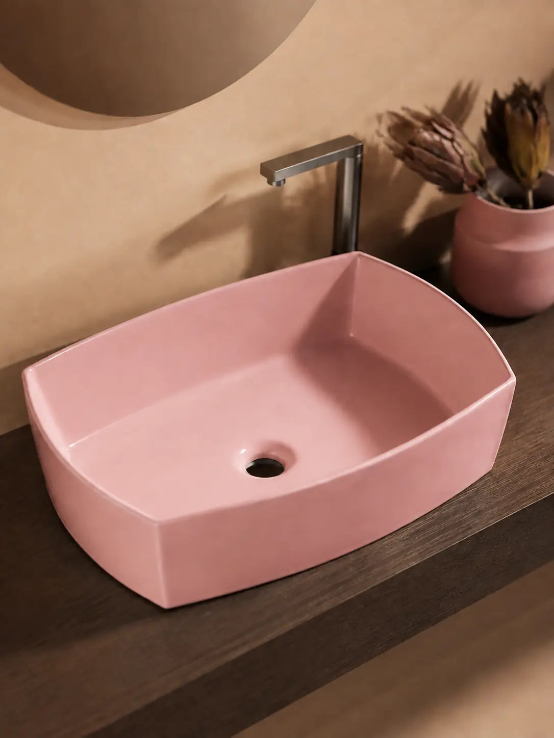 BBbidet 2690 Matte Pink 550mm countertop basin – open drain detail