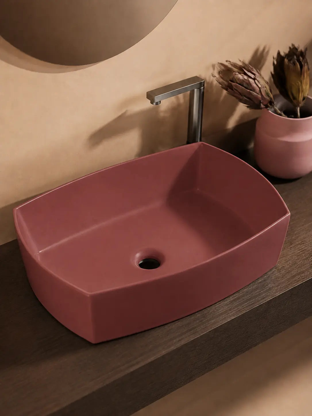 BBbidet 2690 Matte Red 550mm countertop basin – open drain detail