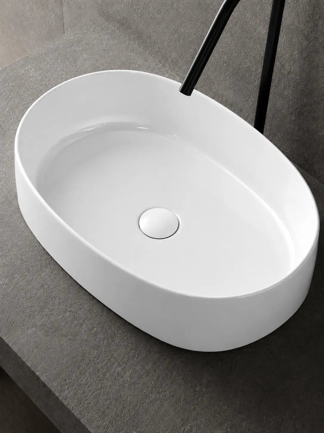 BBbidet 2691M2 glossy white oval countertop basin — matching ceramic drain detail