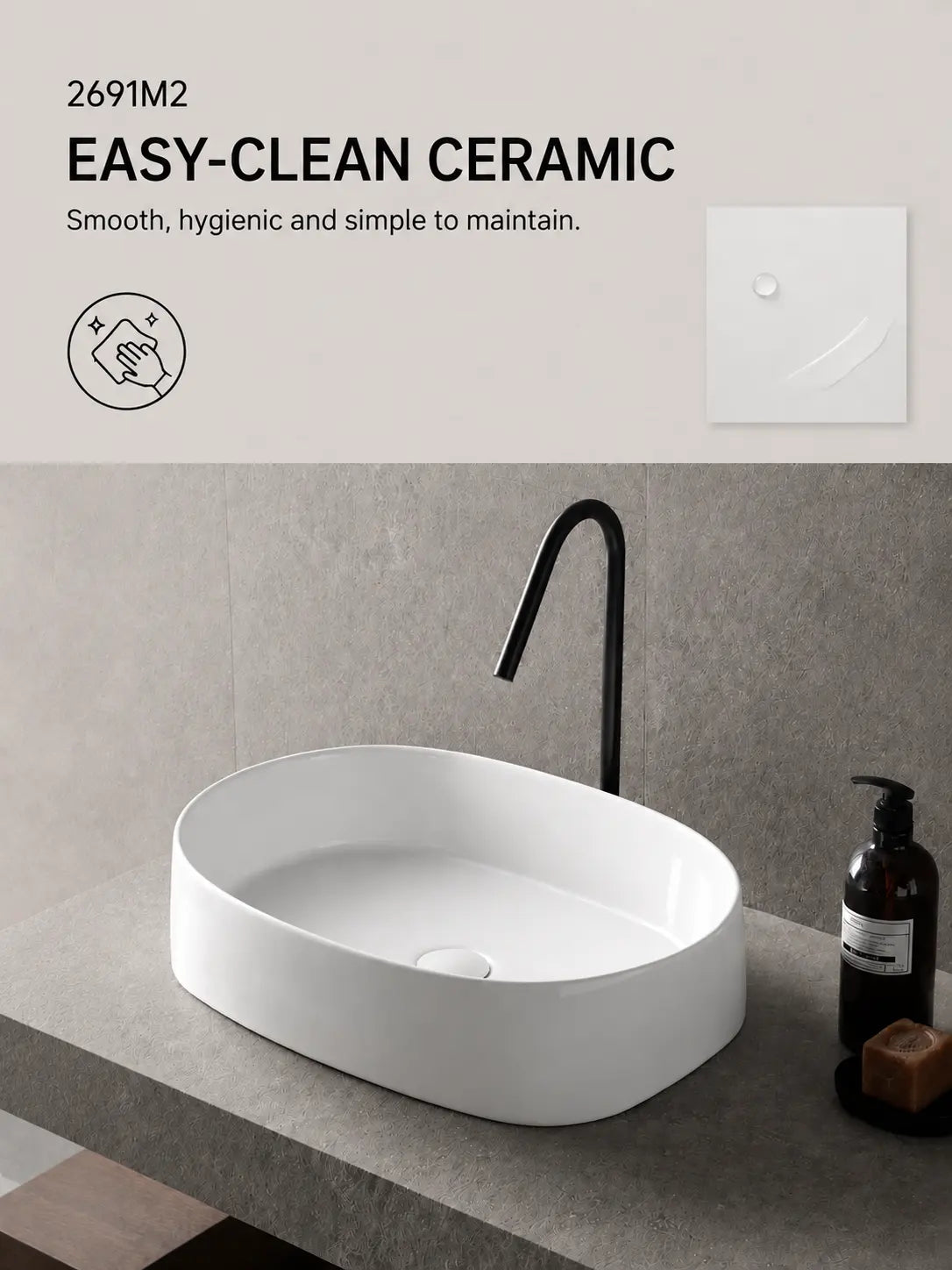 BBbidet 2691M2 glossy white oval countertop basin — Easy-Clean ceramic feature
