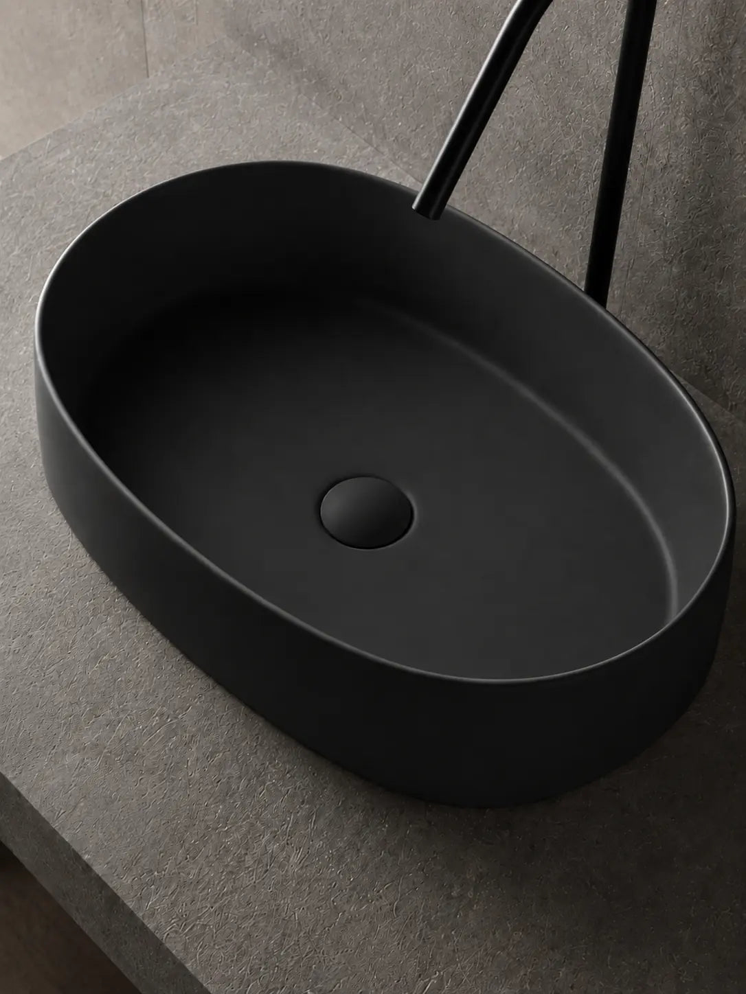 BBbidet 2691MB matte black oval countertop basin — matching ceramic drain detail