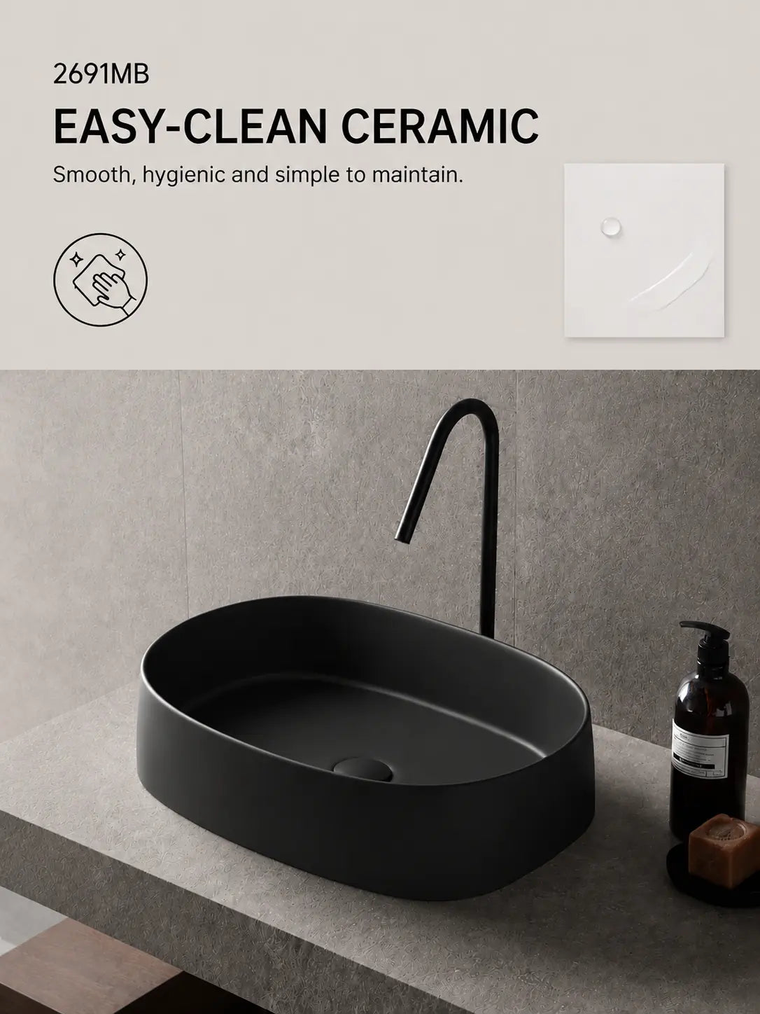 BBbidet 2691MB matte black oval countertop basin — Easy-Clean ceramic feature