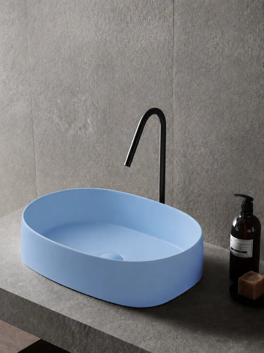 BBbidet 2691MBL matte blue oval countertop basin — hero bathroom scene