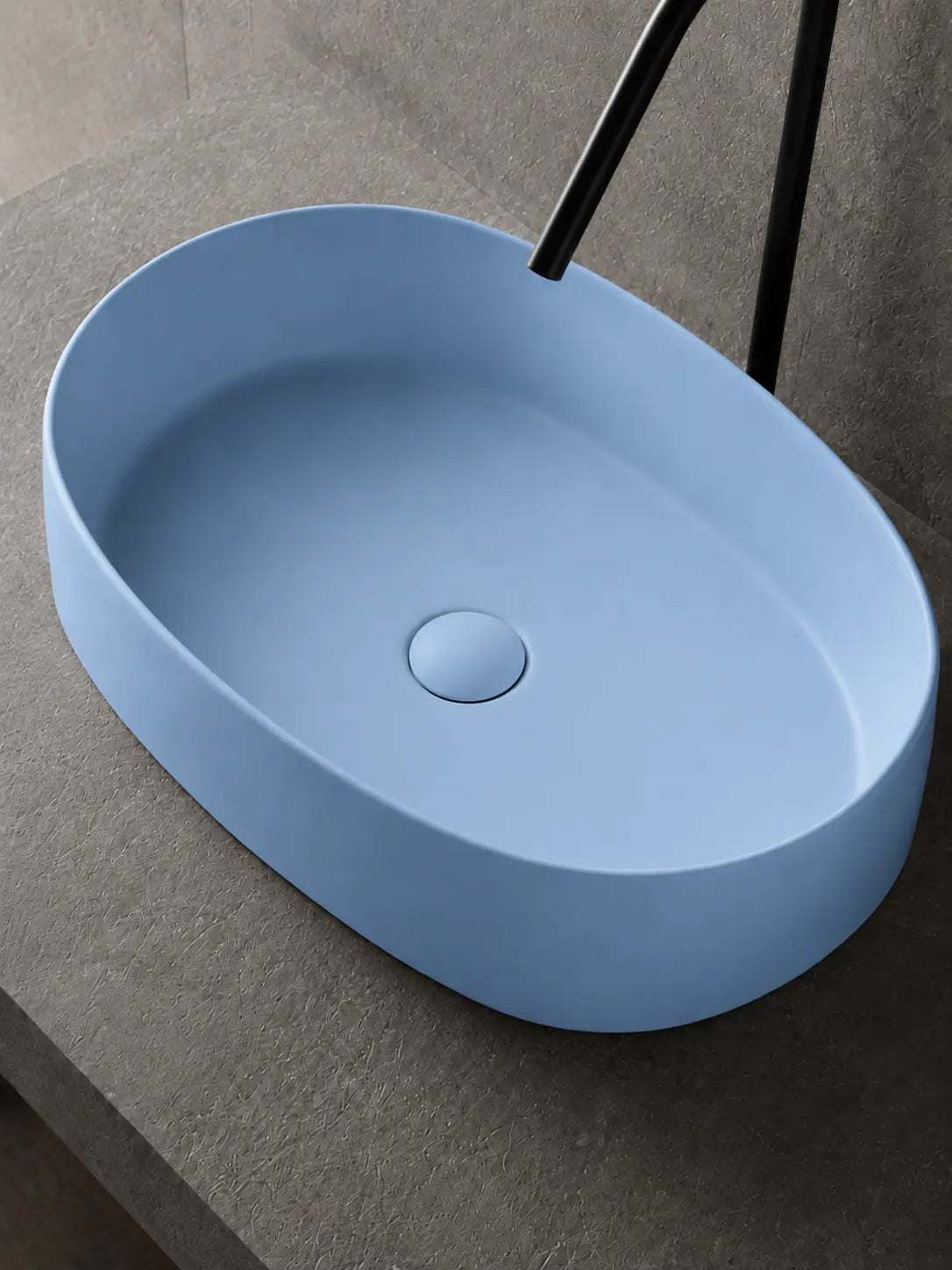 BBbidet 2691MBL matte blue oval countertop basin — matching ceramic drain detail