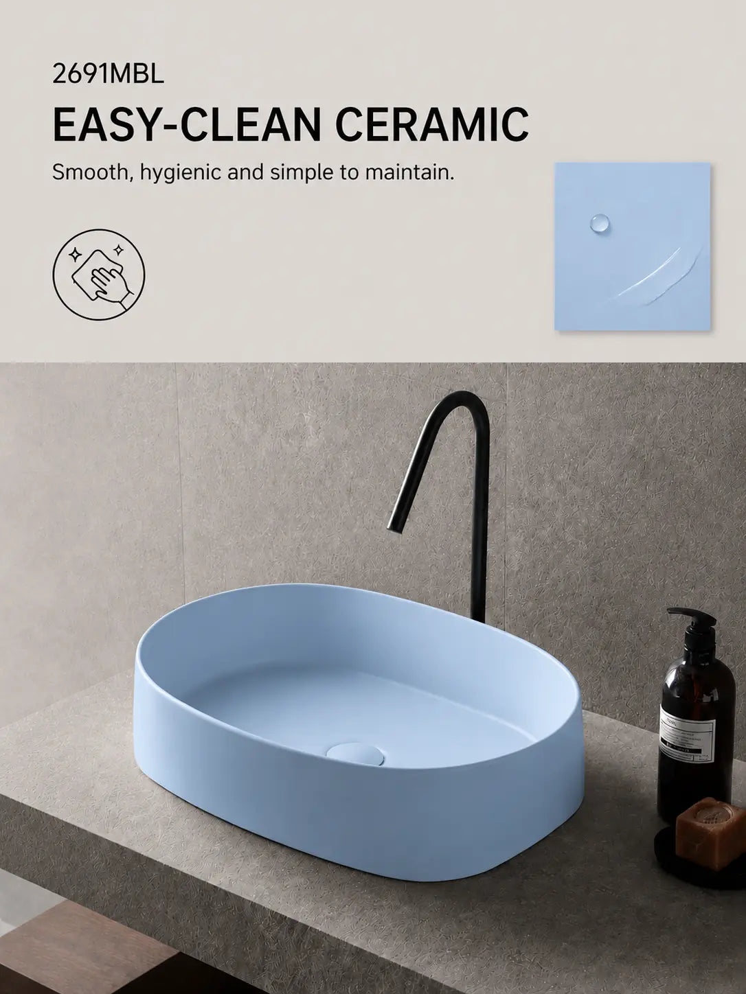 BBbidet 2691MBL matte blue oval countertop basin — Easy-Clean ceramic feature
