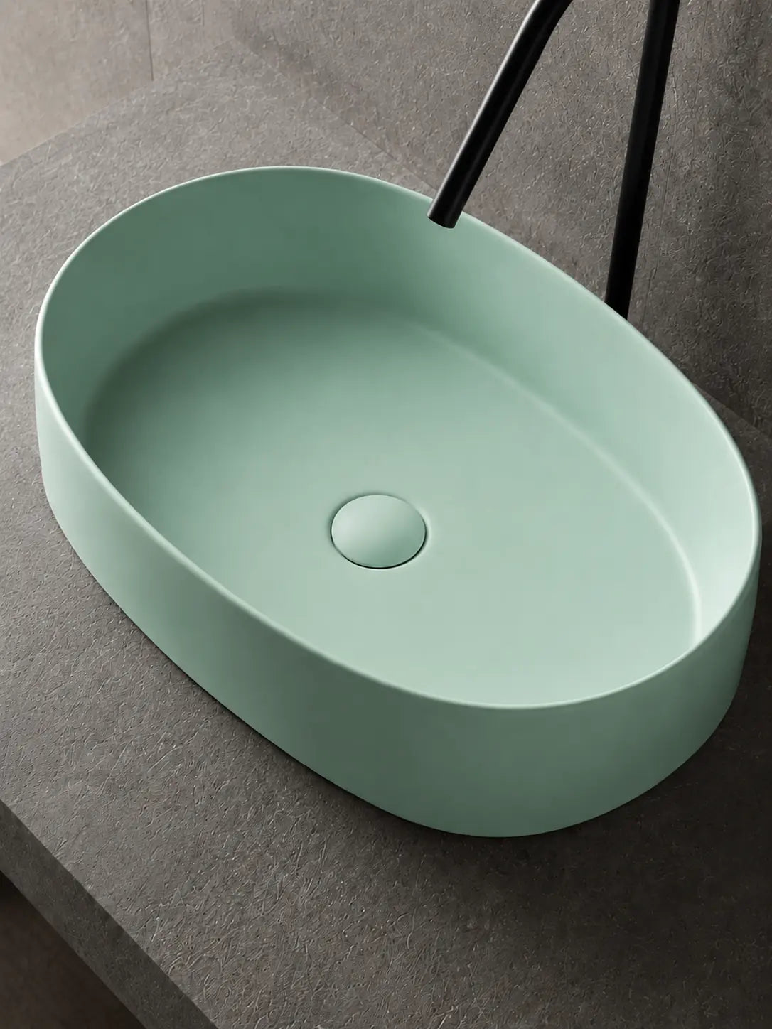 BBbidet 2691MG matte green oval countertop basin — matching ceramic drain detail