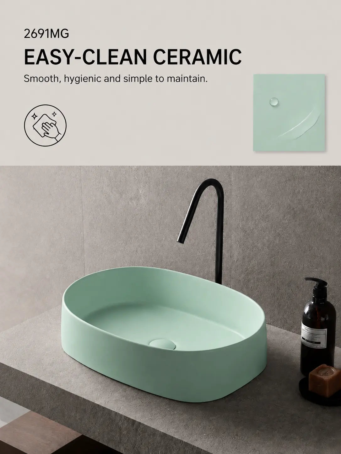 BBbidet 2691MG matte green oval countertop basin — Easy-Clean ceramic feature