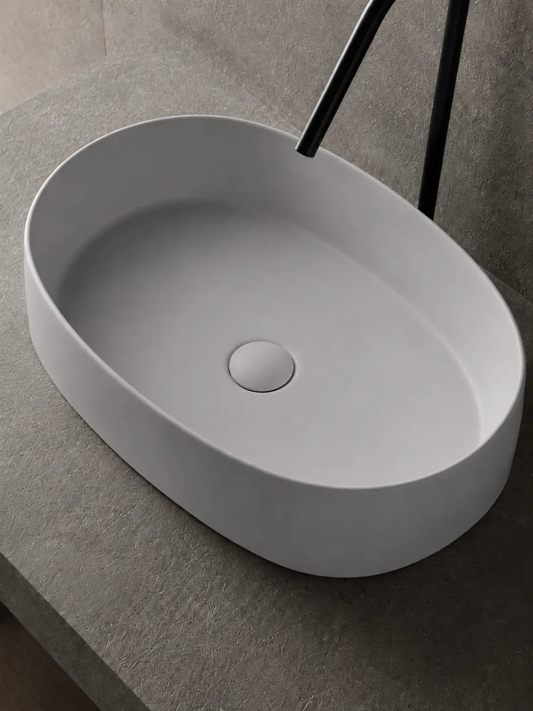 BBbidet 2691MGR matte gray oval countertop basin — matching ceramic drain detail