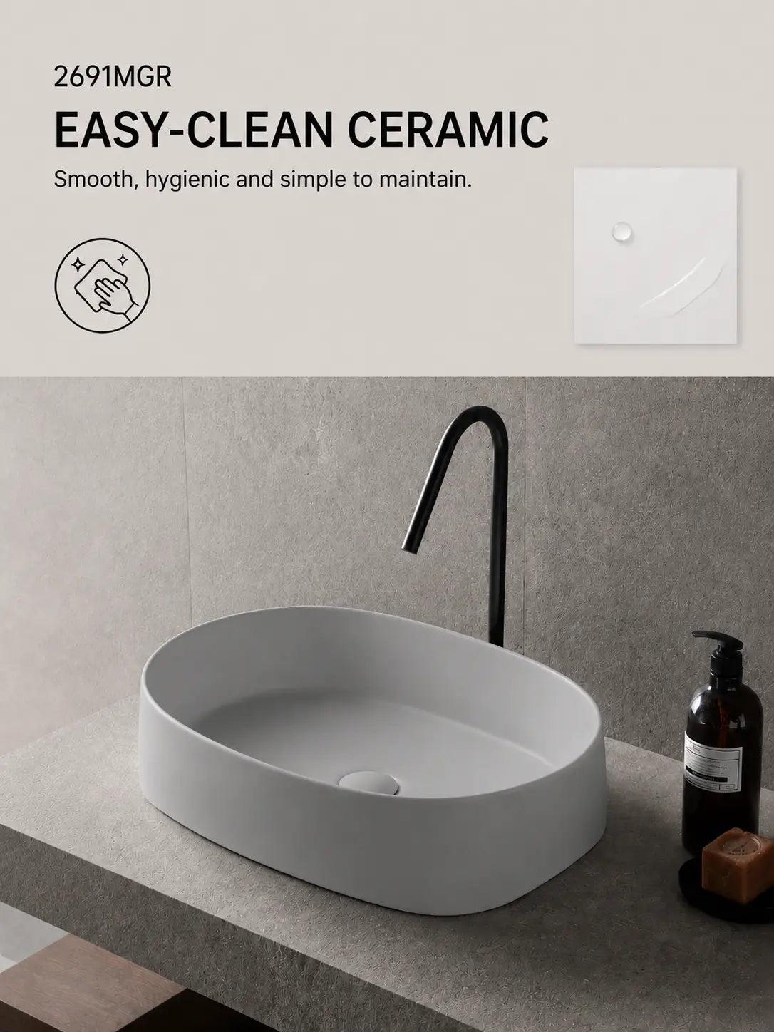 BBbidet 2691MGR matte gray oval countertop basin — Easy-Clean ceramic feature