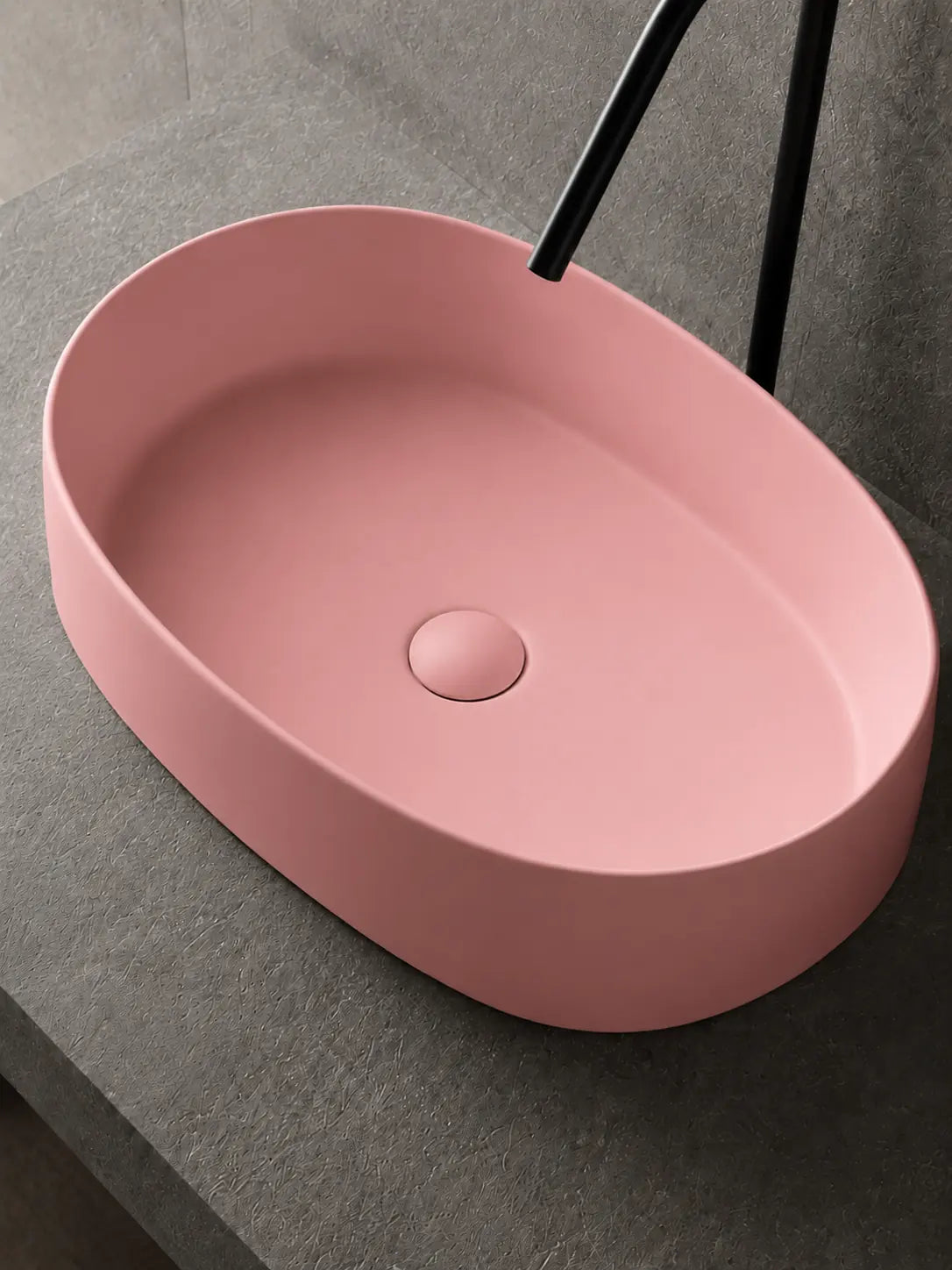 BBbidet 2691MP matte pink oval countertop basin — matching ceramic drain detail