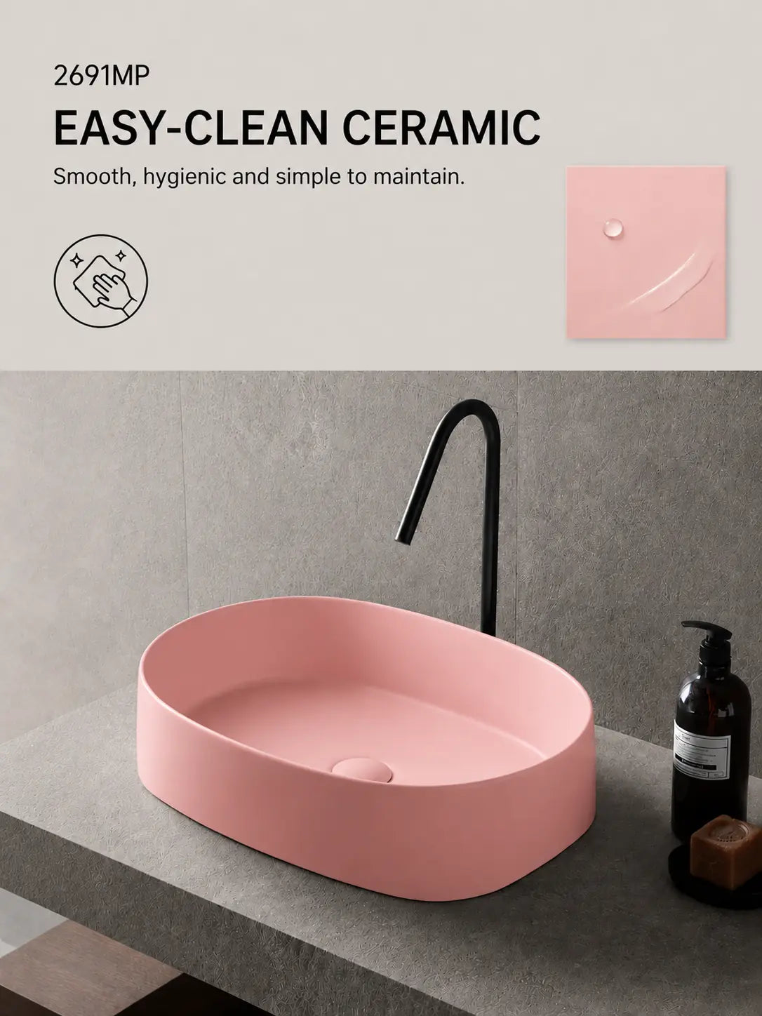 BBbidet 2691MP matte pink oval countertop basin — Easy-Clean ceramic feature