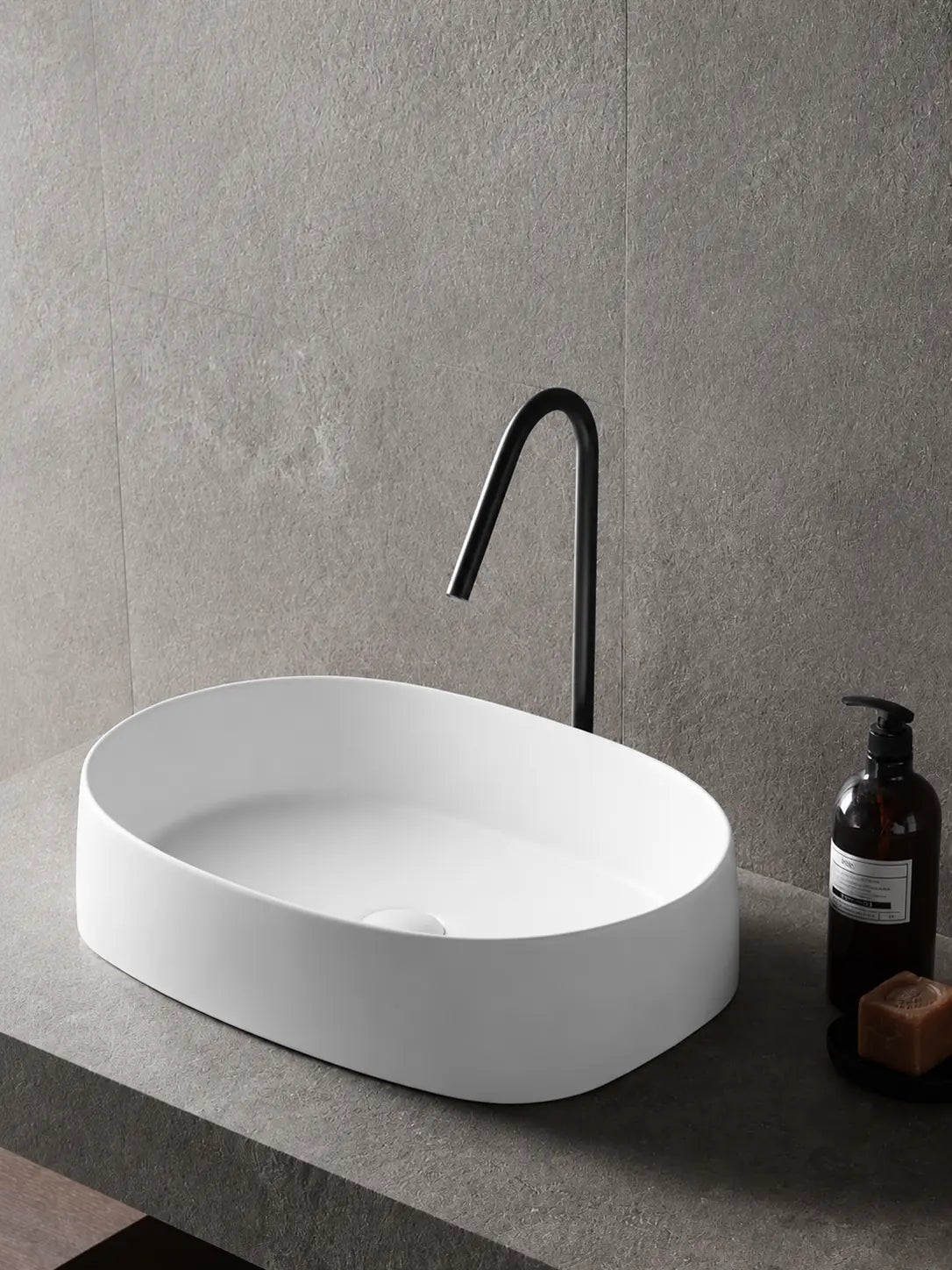 BBbidet 2691MW matte white oval countertop basin — hero bathroom scene