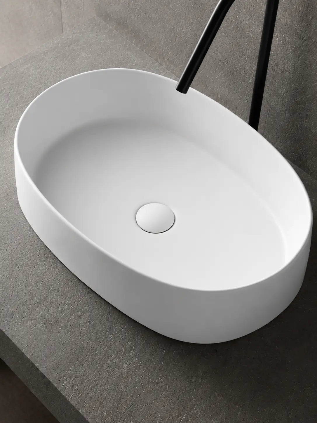 BBbidet 2691MW matte white oval countertop basin — matching ceramic drain detail