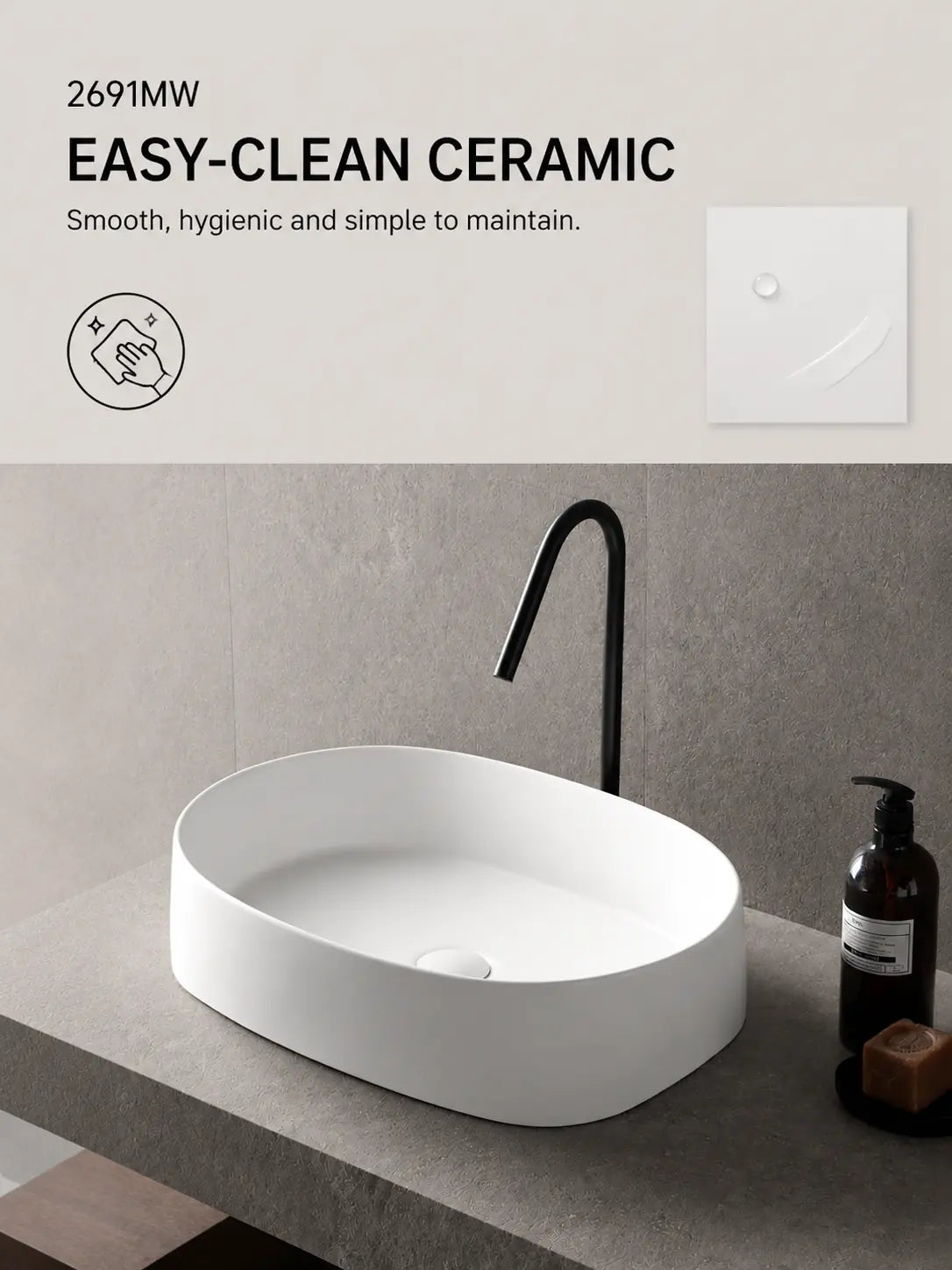 BBbidet 2691MW matte white oval countertop basin — Easy-Clean ceramic feature