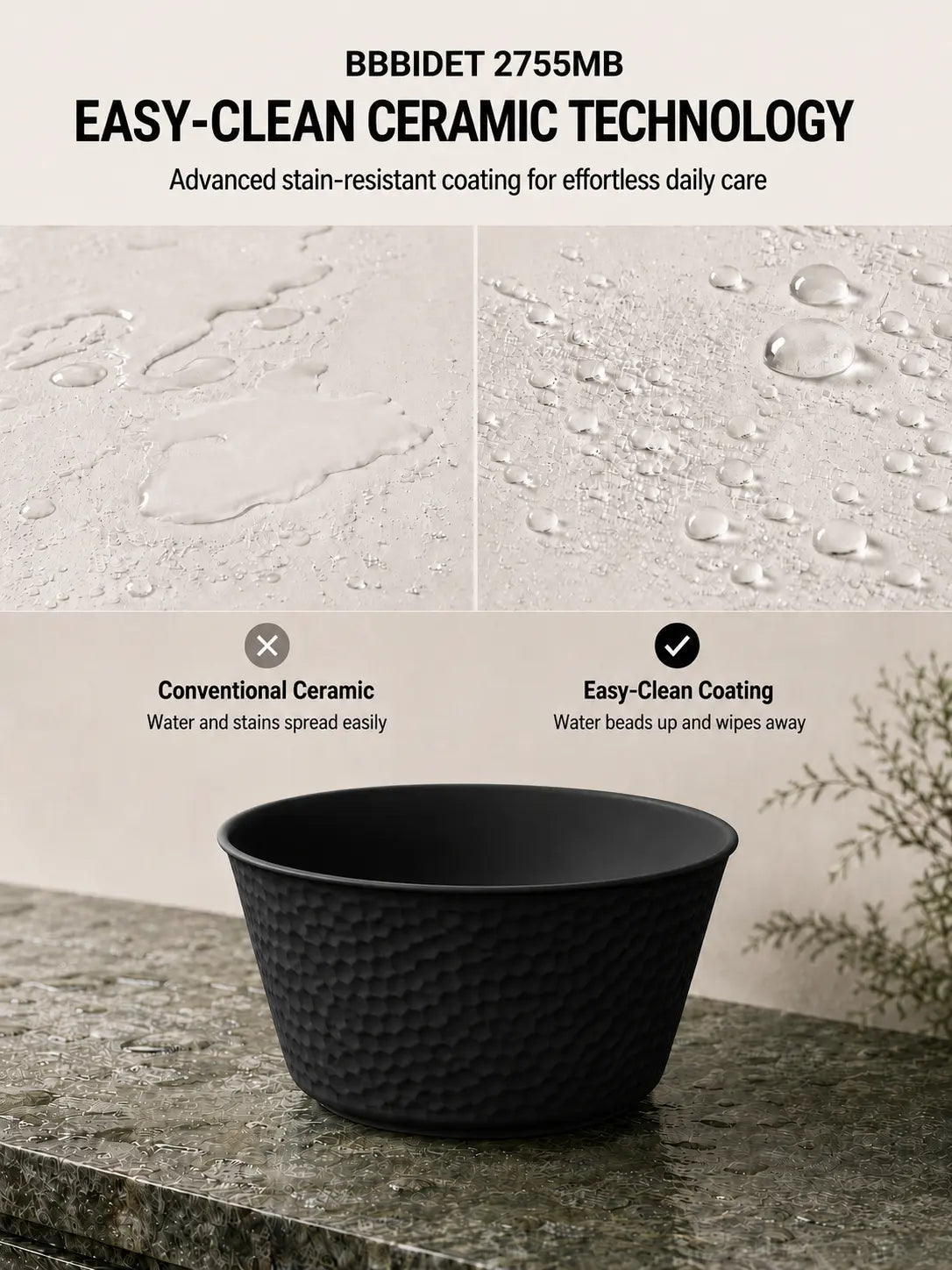 bbbidet 2755MB hammered round counter basin – Easy-Clean coating comparison