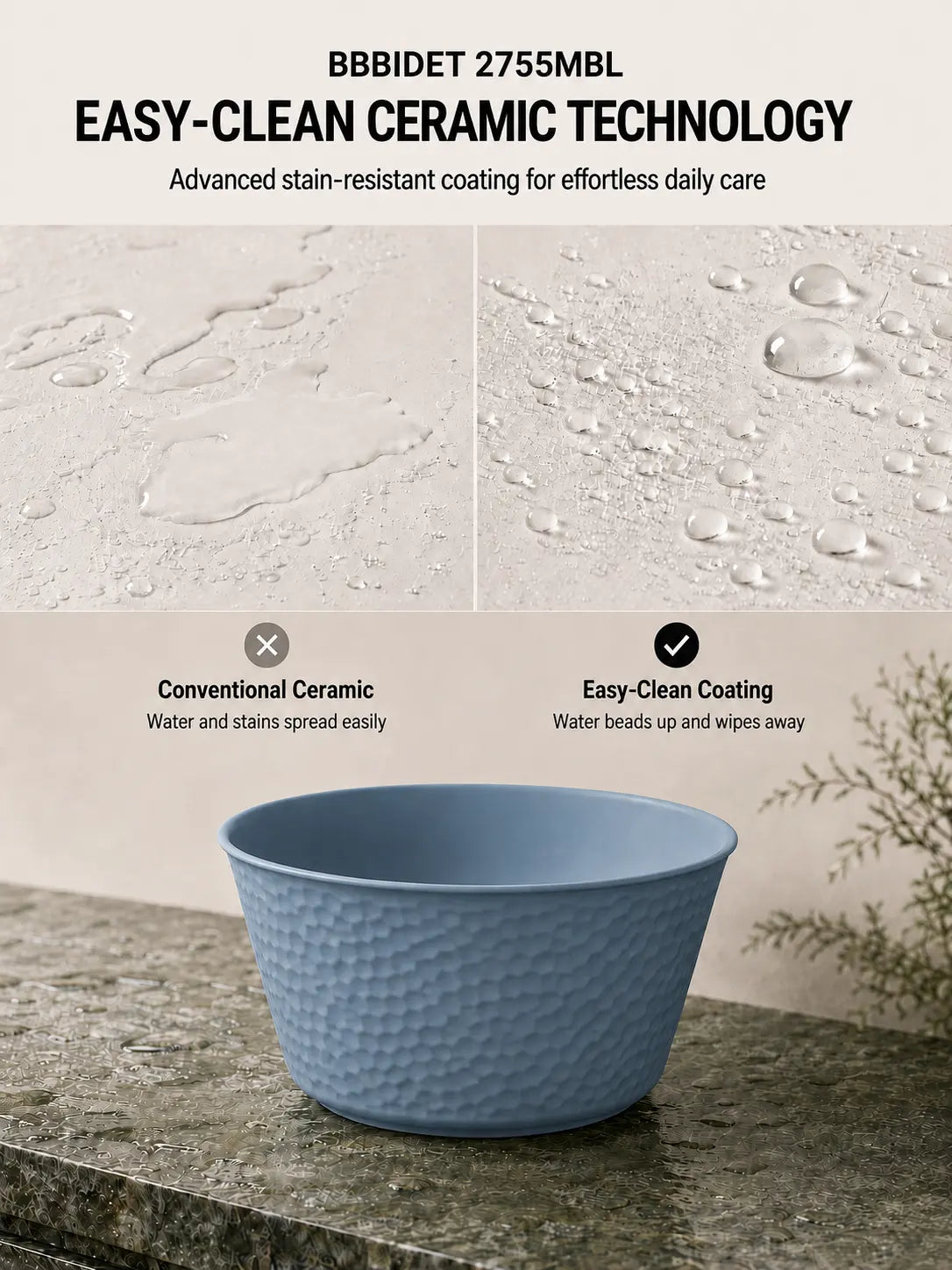 bbbidet 2755MBL hammered round counter basin – Easy-Clean coating comparison