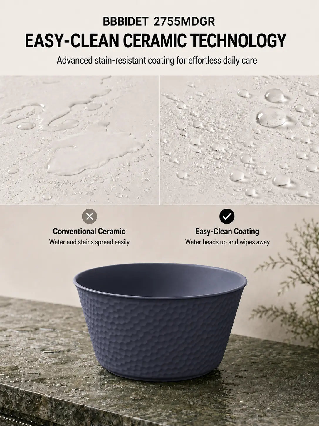 bbbidet 2755MDGR hammered round counter basin – Easy-Clean coating comparison