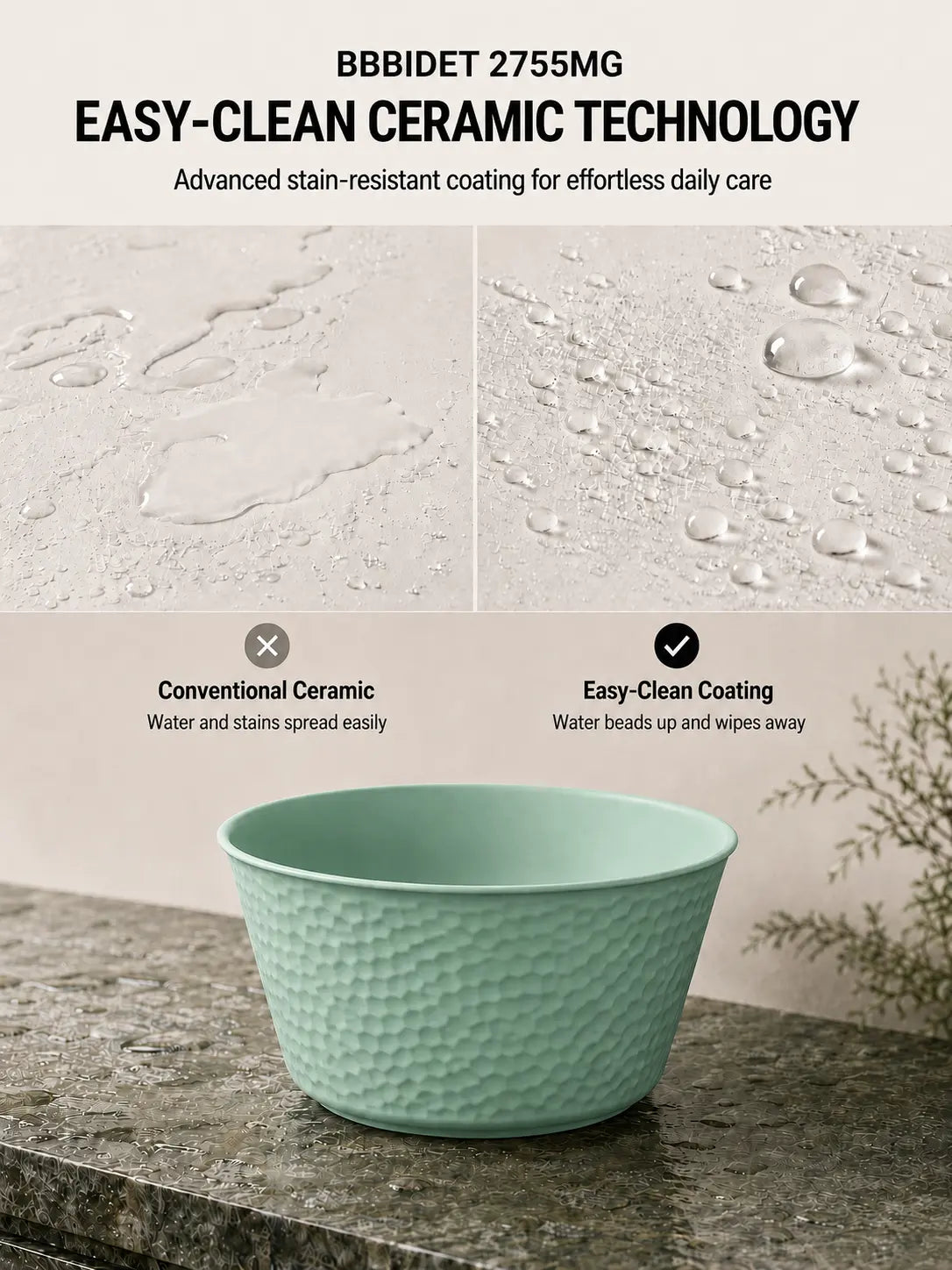 bbbidet 2755MG hammered round counter basin – Easy-Clean coating comparison