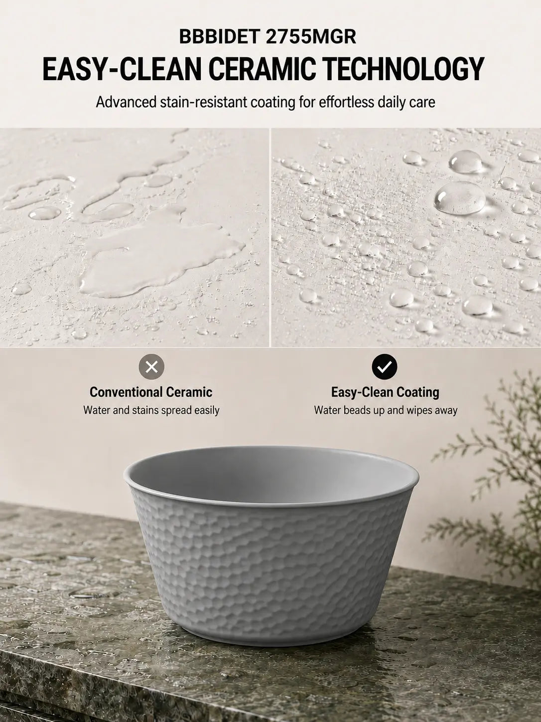 bbbidet 2755MGR hammered round counter basin – Easy-Clean coating comparison
