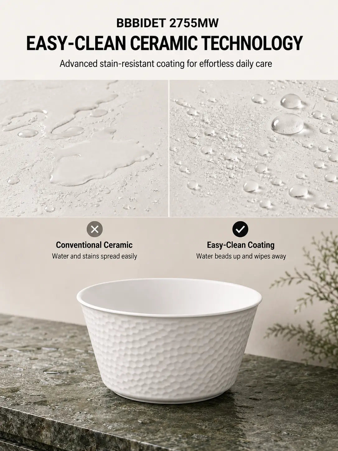 bbbidet 2755MW hammered round counter basin – Easy-Clean coating comparison