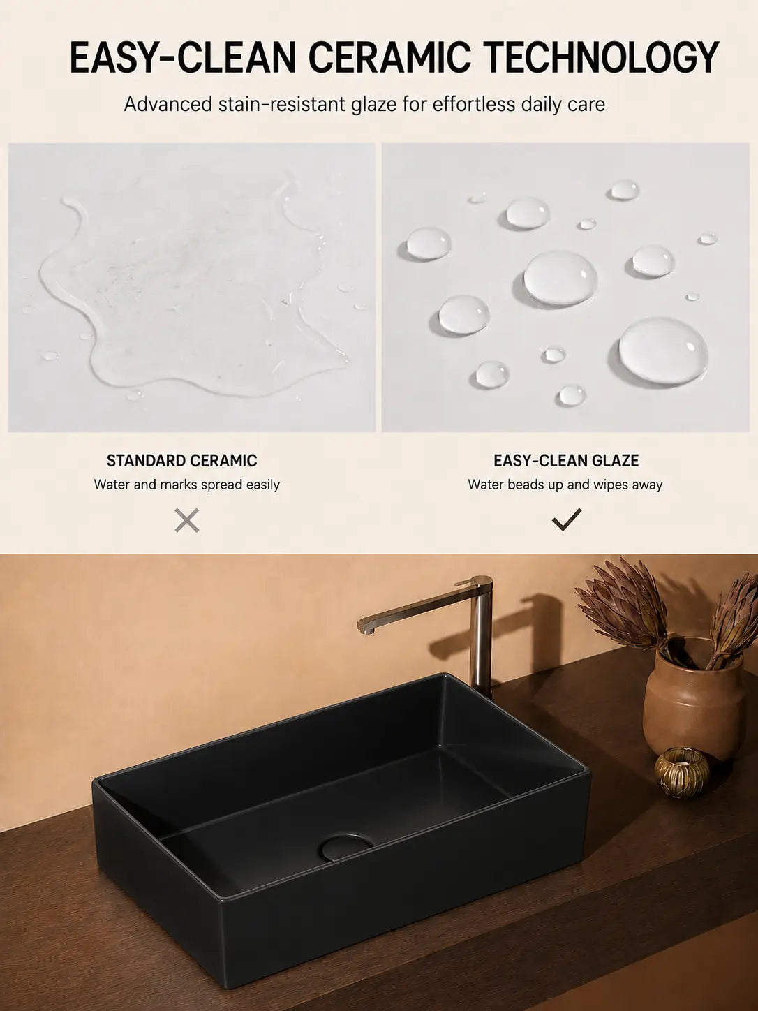 BBbidet 2757 black rectangular countertop basin easy-clean ceramic technology