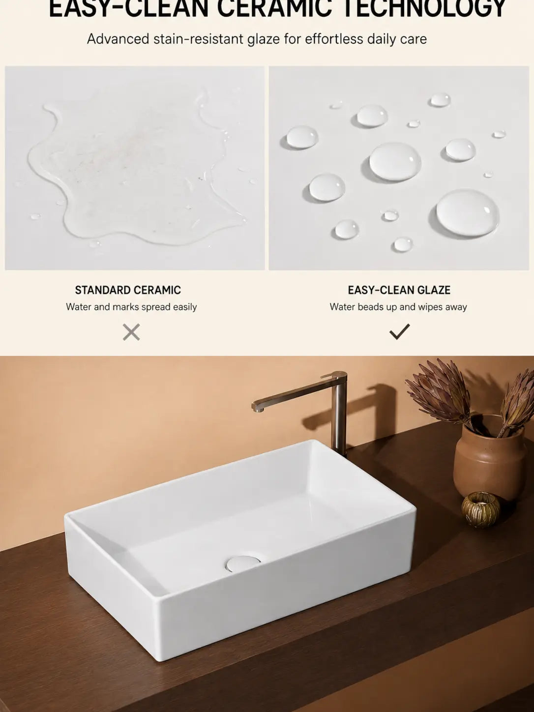 BBbidet 2757 white rectangular countertop basin easy-clean ceramic technology