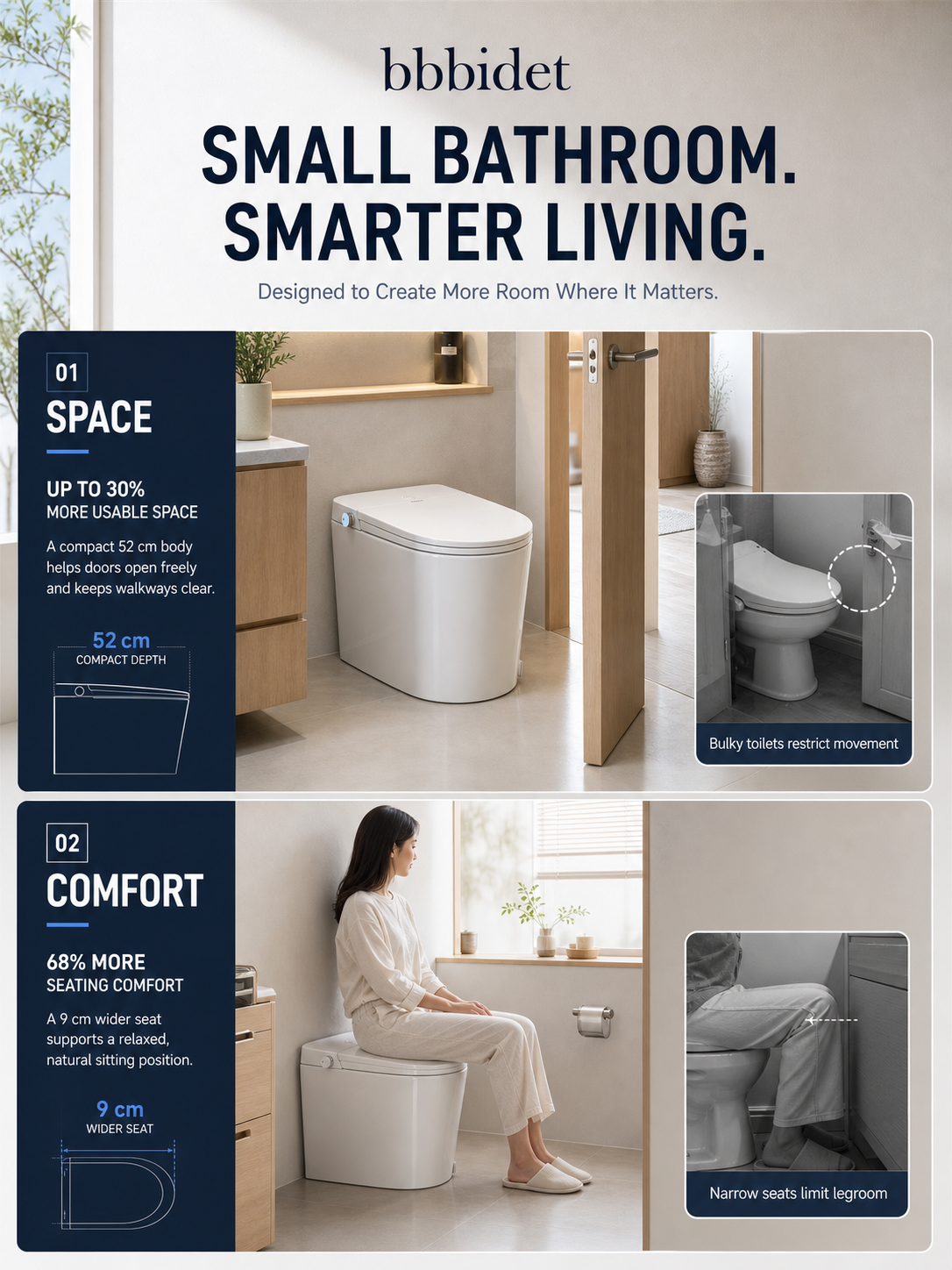 bbbidet 52cm compact smart bidet toilet for small bathrooms with 9cm wider seat, saving up to 30% space while providing 68% more seating comfort