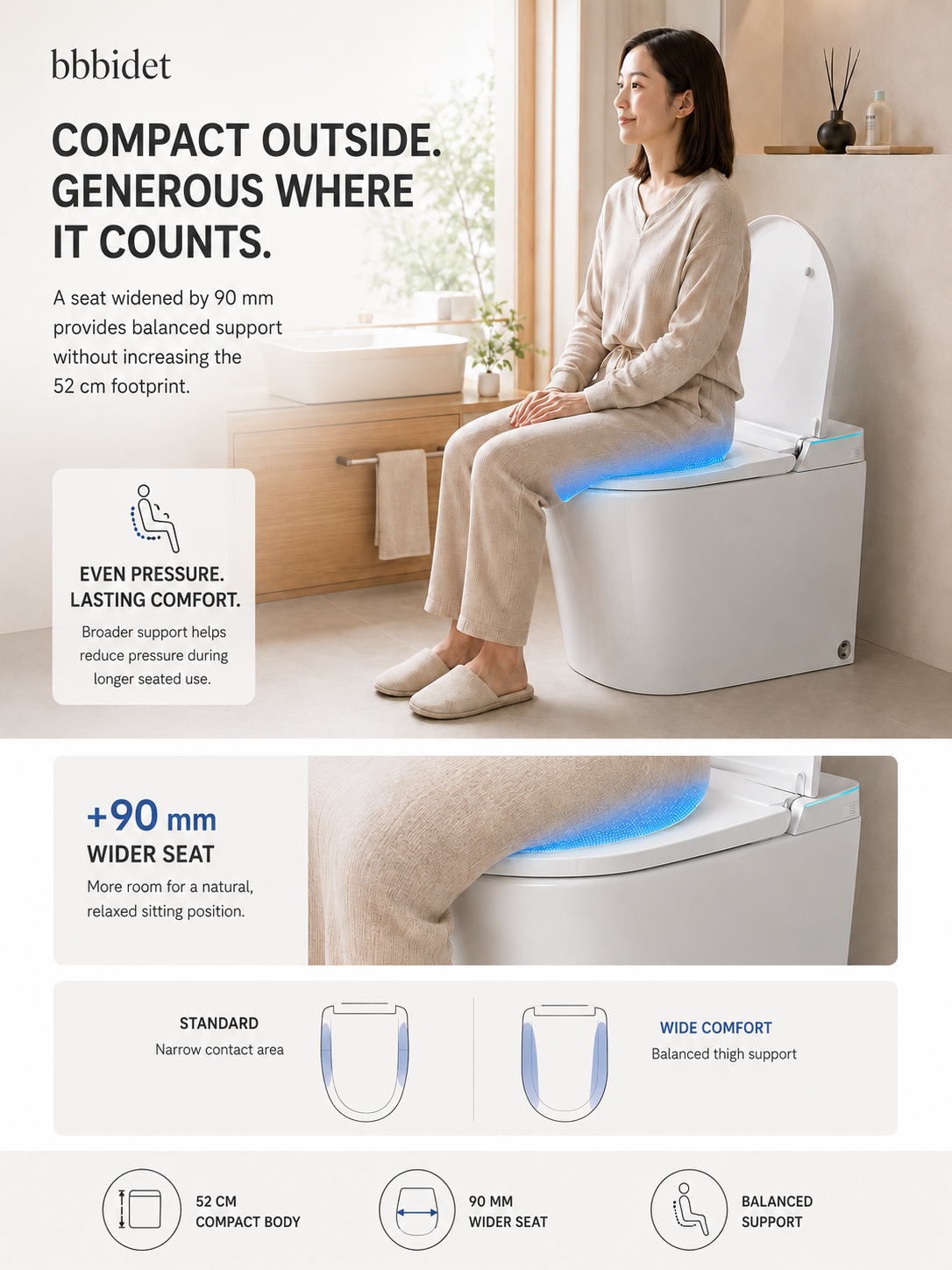 bbbidet 52cm compact smart bidet toilet for small bathrooms with +90mm wider seat design, providing ergonomic balanced thigh support and even pressure distribution.