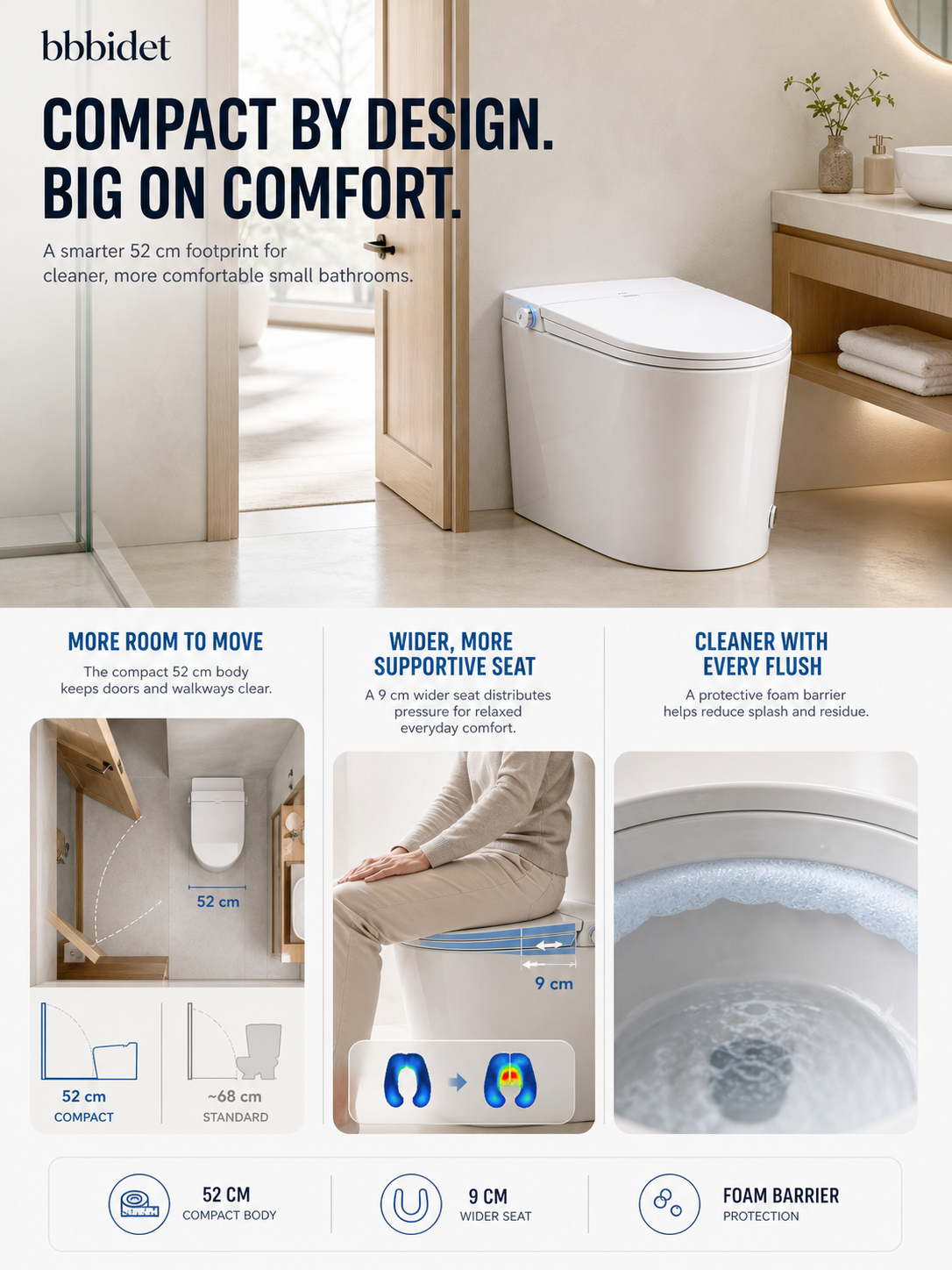 bbbidet 52cm compact smart bidet
toilet for small bathrooms with 9cm wider seat and anti-splash foam barrier protection for cleaner, comfortable flushing