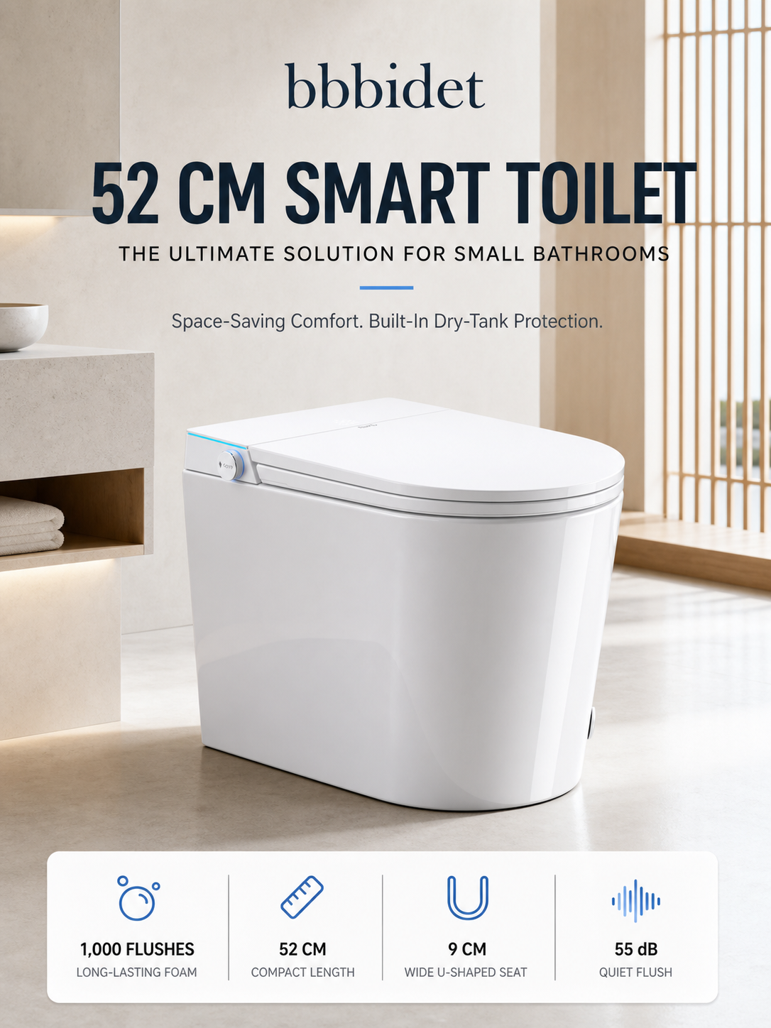 bbbidet 52cm compact smart  bidet toilet for small bathrooms featuring space-saving design, 55dB quiet flush, anti-splash foam shield, and wide U-shaped seat