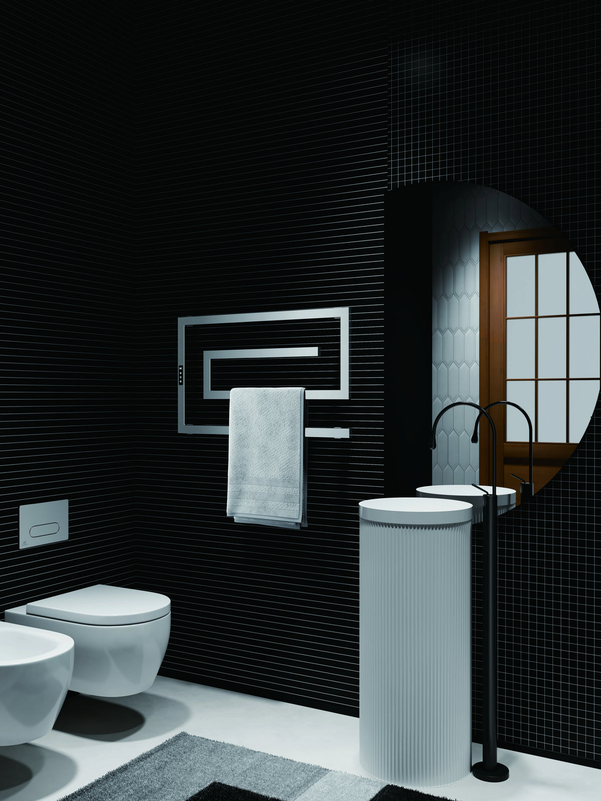 BBBIDET AL101 gunmetal wall mounted electric towel warmer in black tile bathroom
