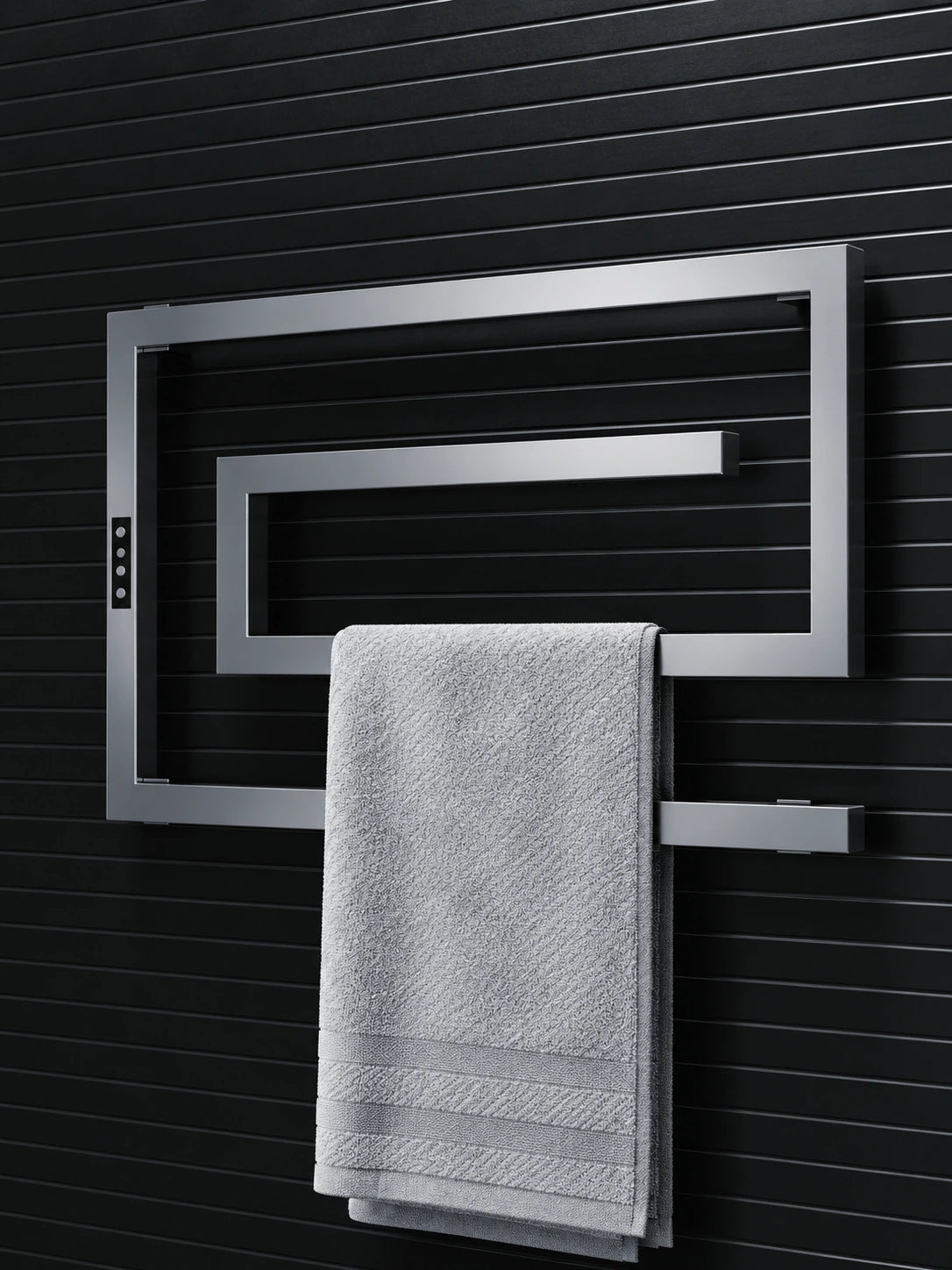 AL101 gunmetal left control strip and wall mounted towel rail with towel