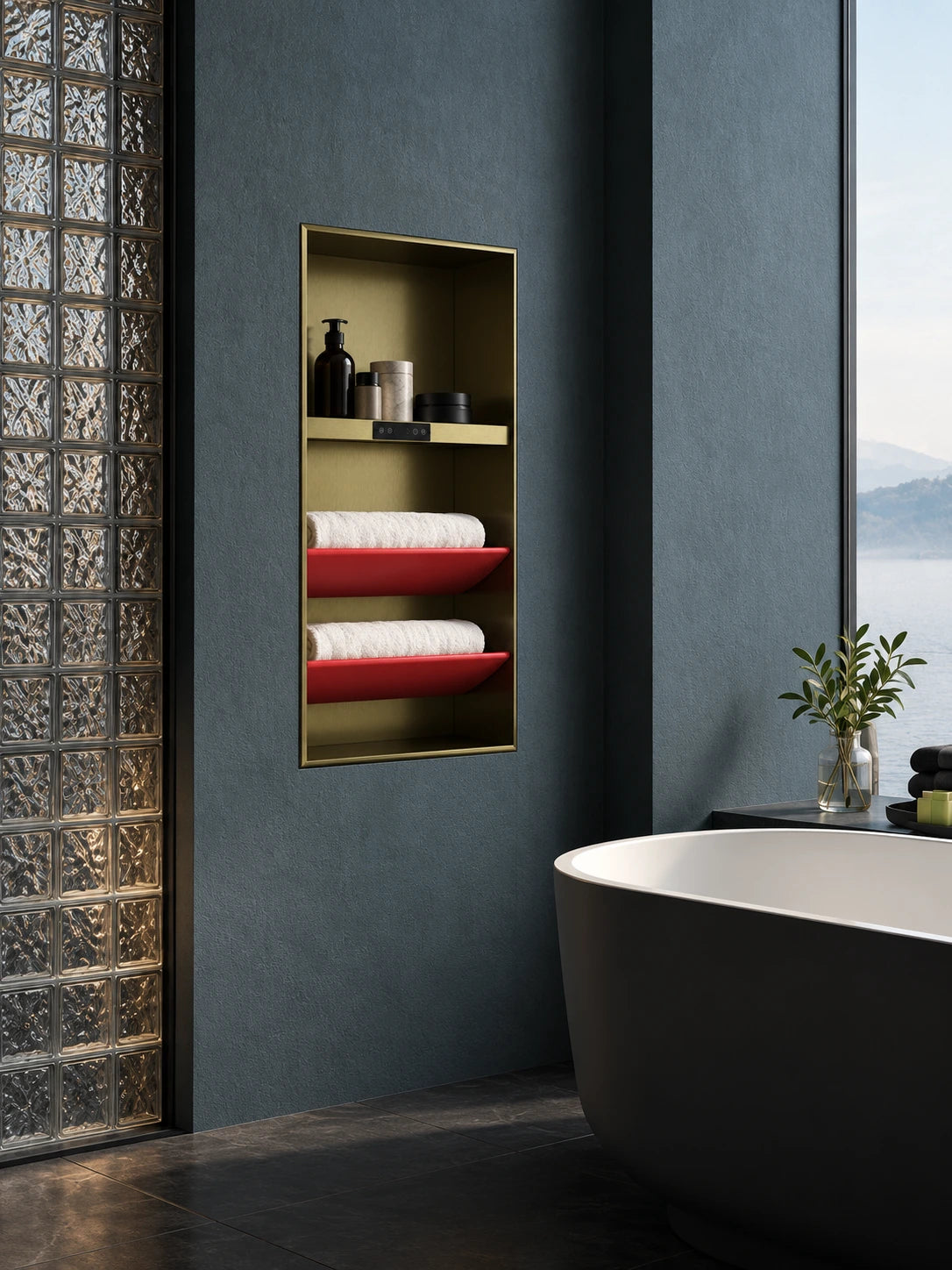 BBBIDET AL501 gold recessed electric towel rack installed beside a bathtub
