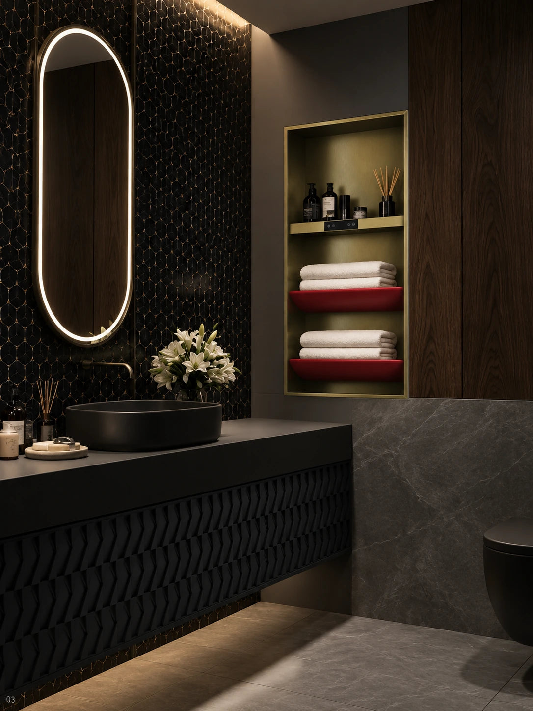 BBBIDET AL501 gold built-in towel rack beside a bathroom vanity