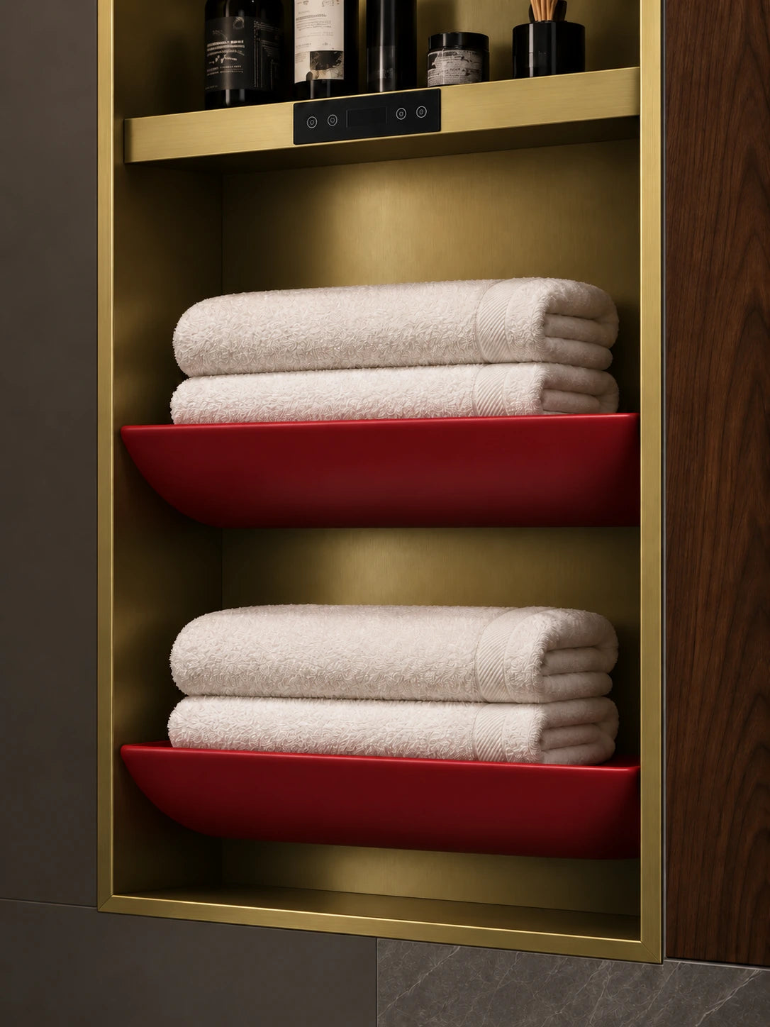 AL501 two red curved shelves holding folded white towels