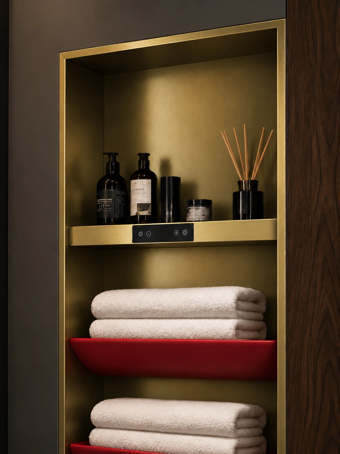AL501 upper storage compartment styled with toiletries