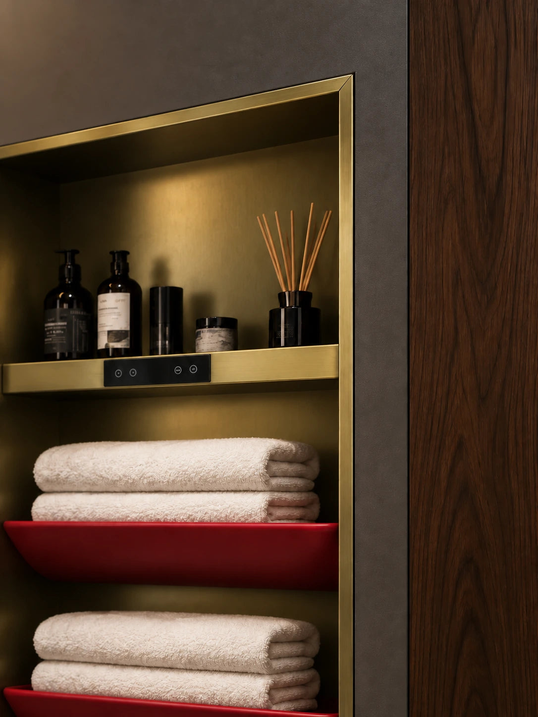 AL501 gold frame meeting the bathroom wall in a recessed installation