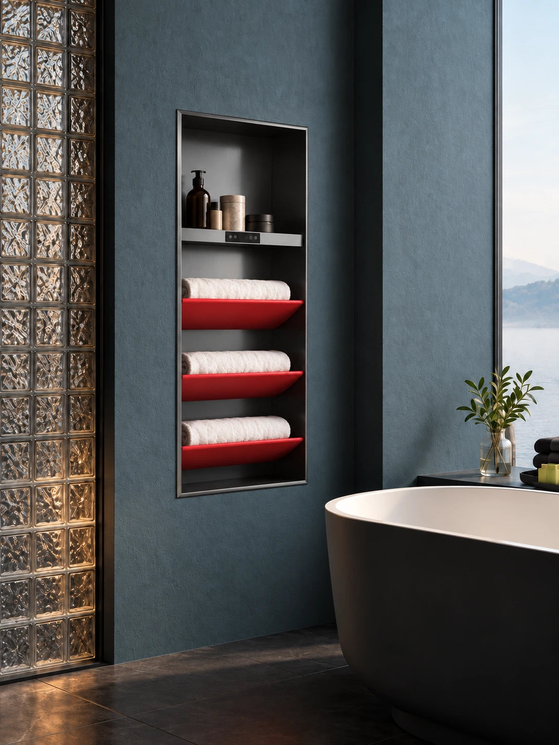 BBBIDET AL502 gunmetal recessed electric towel rack beside a bathtub