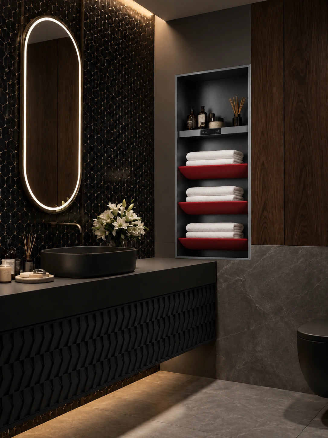 BBBIDET AL502 built-in three-shelf towel rack beside a bathroom vanity