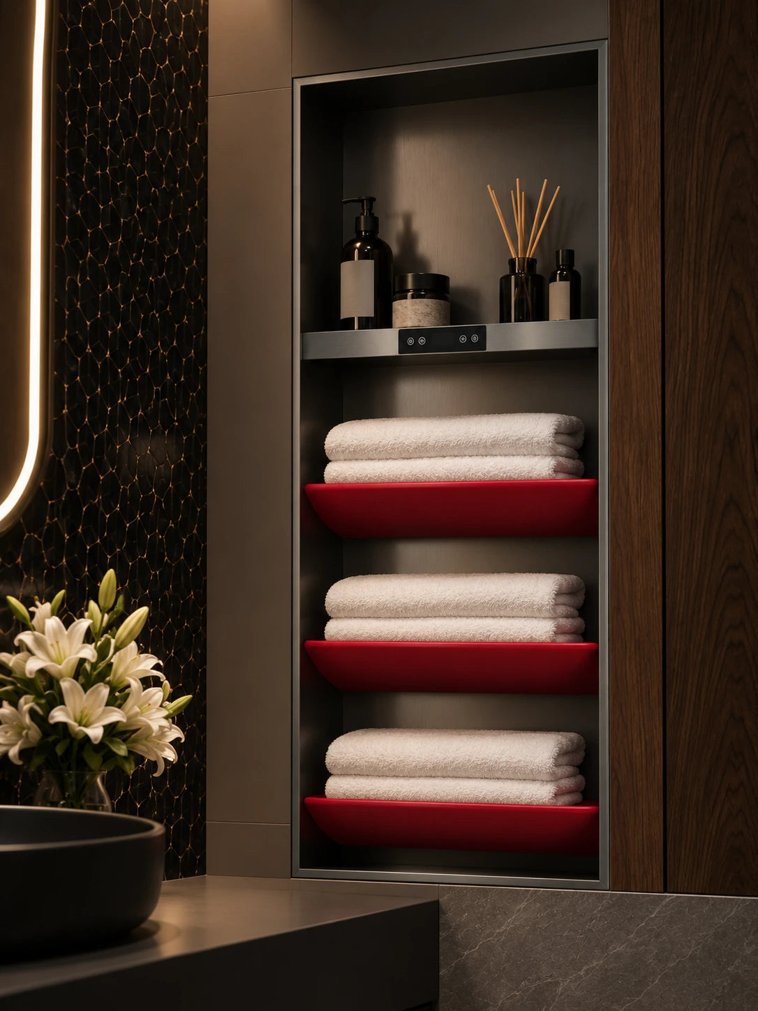 AL502 three curved red towel shelves with folded white towels