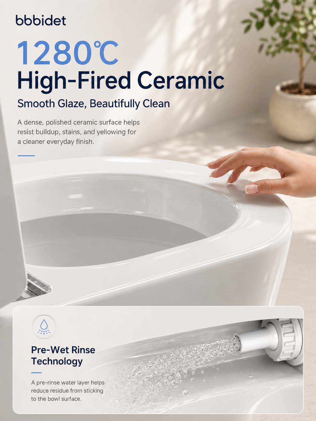 bbbidet 52cm compact smart bidet  toilet for small bathrooms made with 1280°C high-fired ceramic and smooth glaze featuring pre-wet rinse technology to prevent stain buildup.