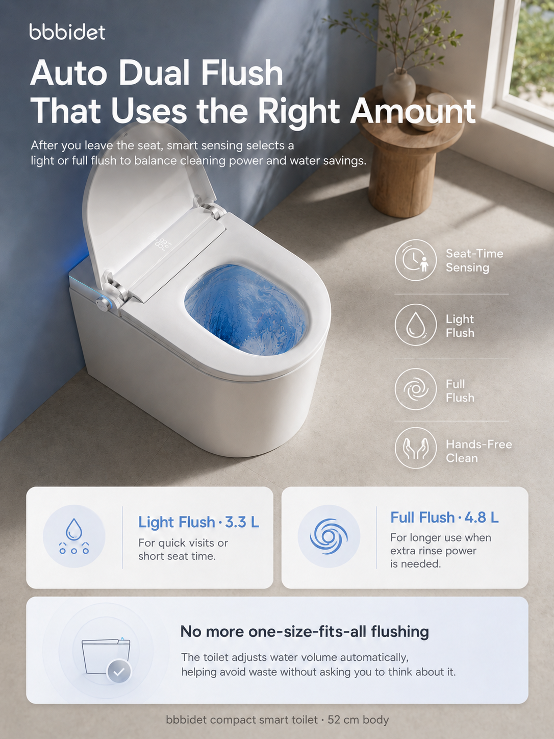bbbidet 52cm compact smart bidet toilet for small bathrooms featuring auto dual flush with seat-time sensing, offering 3.3L light flush and 4.8L full flush