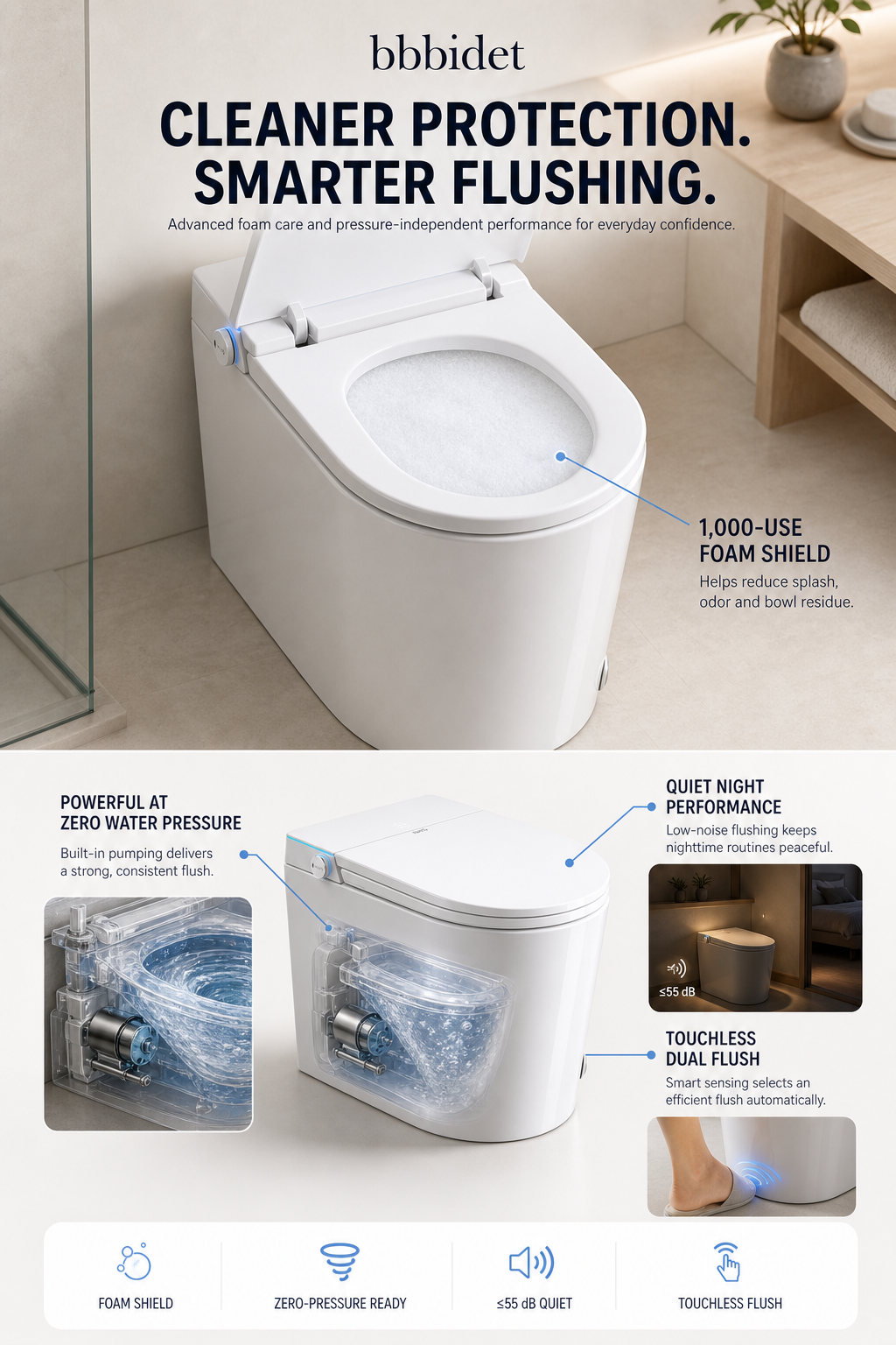 bbbidet compact smart bidet toilet for small bathrooms featuring anti-splash foam shield, zero water pressure flushing pump, 55dB quiet night performance, and touchless foot sensor flush
