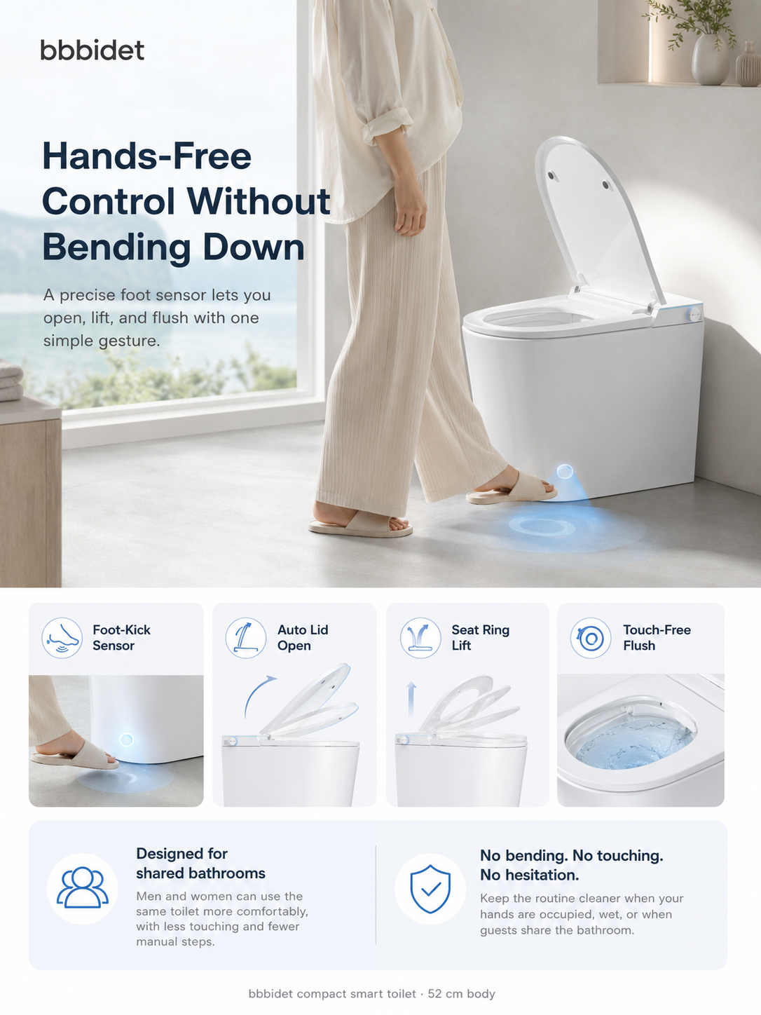 bbbidet 52cm compact smart bidet toilet for small bathrooms featuring foot sensor hands-free control for auto lid opening, seat ring lifting, and touch-free flushing without bending down