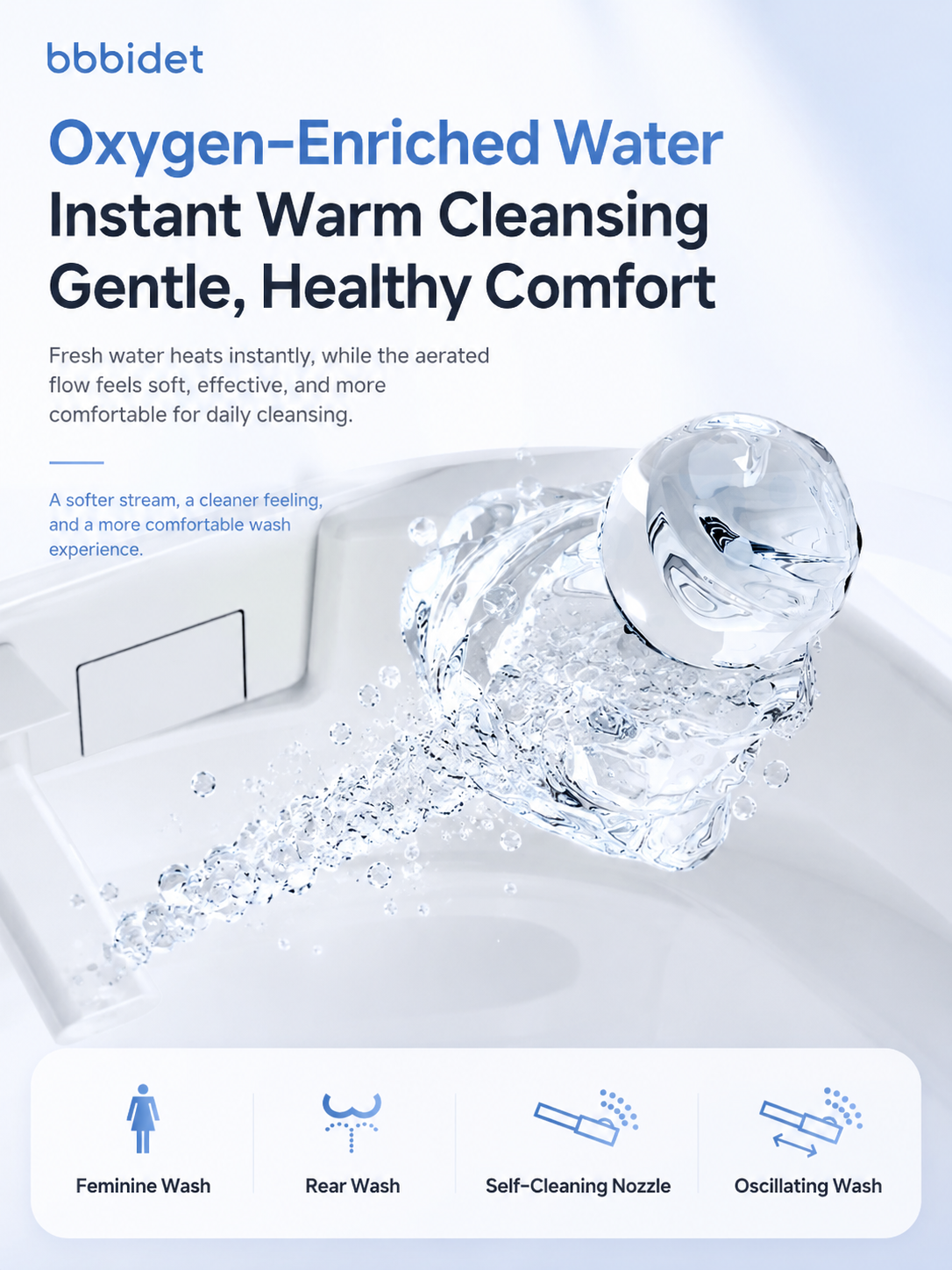 bbbidet 52cm compact smart bidet toilet for small bathrooms featuring oxygen-enriched instant warm water cleansing with feminine wash, rear wash, oscillating wash, and self-cleaning nozzle.
