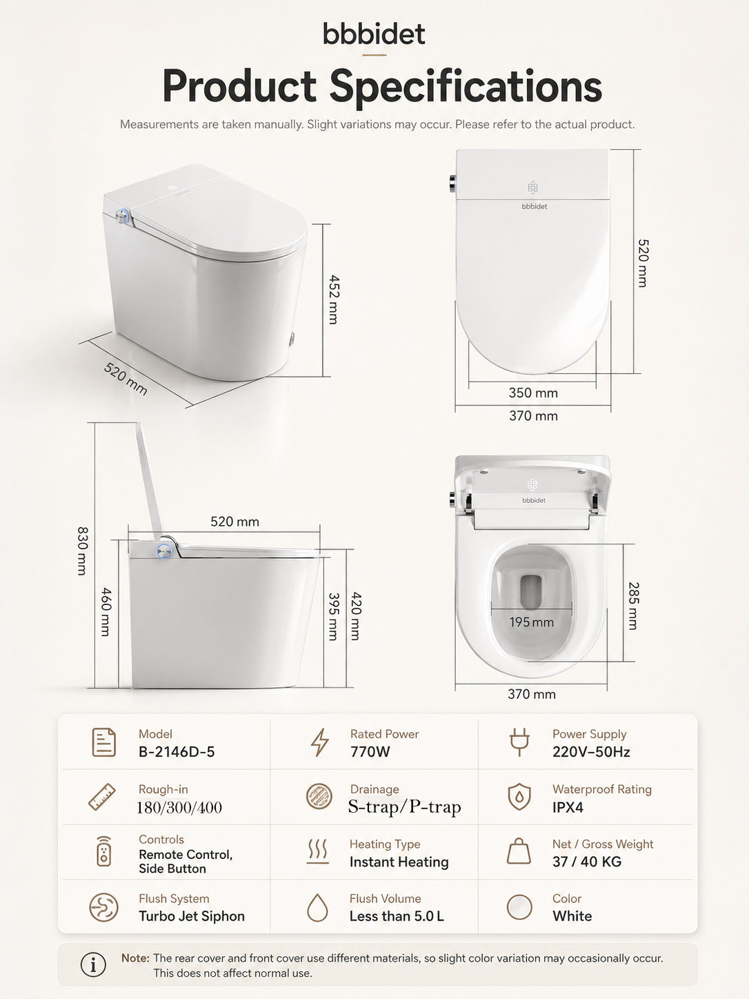 bbbidet 52cm compact smart bidet toilet product specifications diagram showing 520mm length, 370mm width, rough-in sizes, and instant heating parameters for small bathrooms